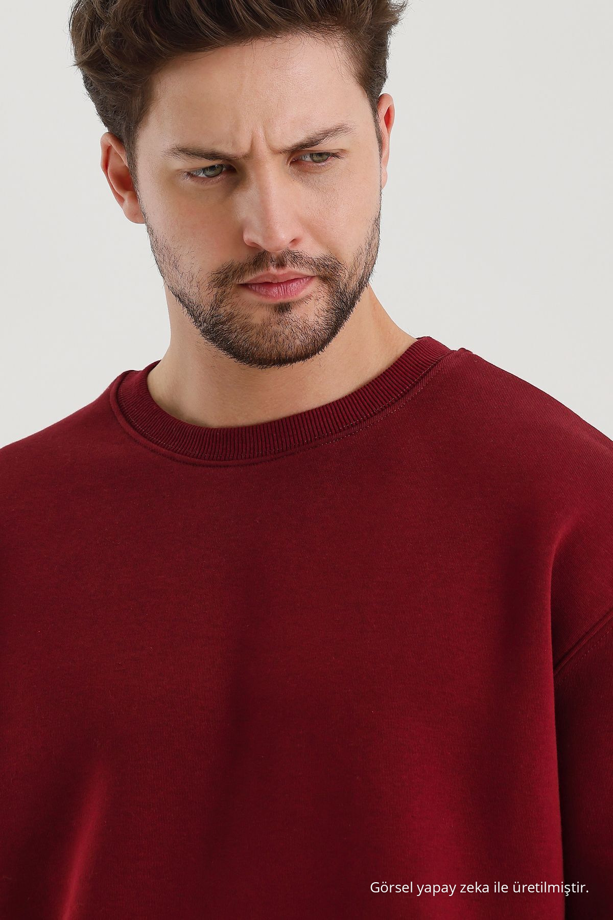 Bordo Bisiklet Yaka Oversize Şardonlu Basic Erkek Sweatshirt 4