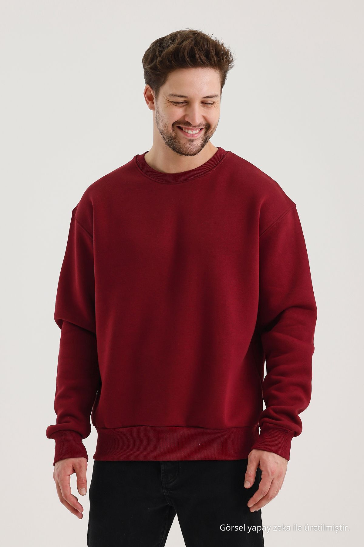 Bordo Bisiklet Yaka Oversize Şardonlu Basic Erkek Sweatshirt 5