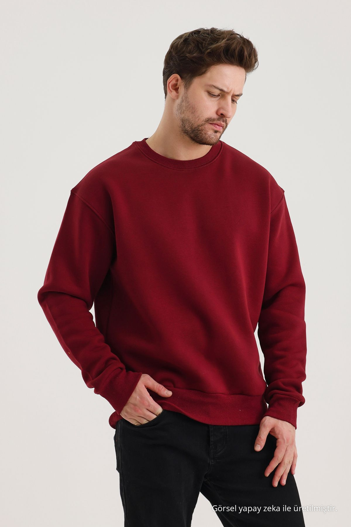 Bordo Bisiklet Yaka Oversize Şardonlu Basic Erkek Sweatshirt 7