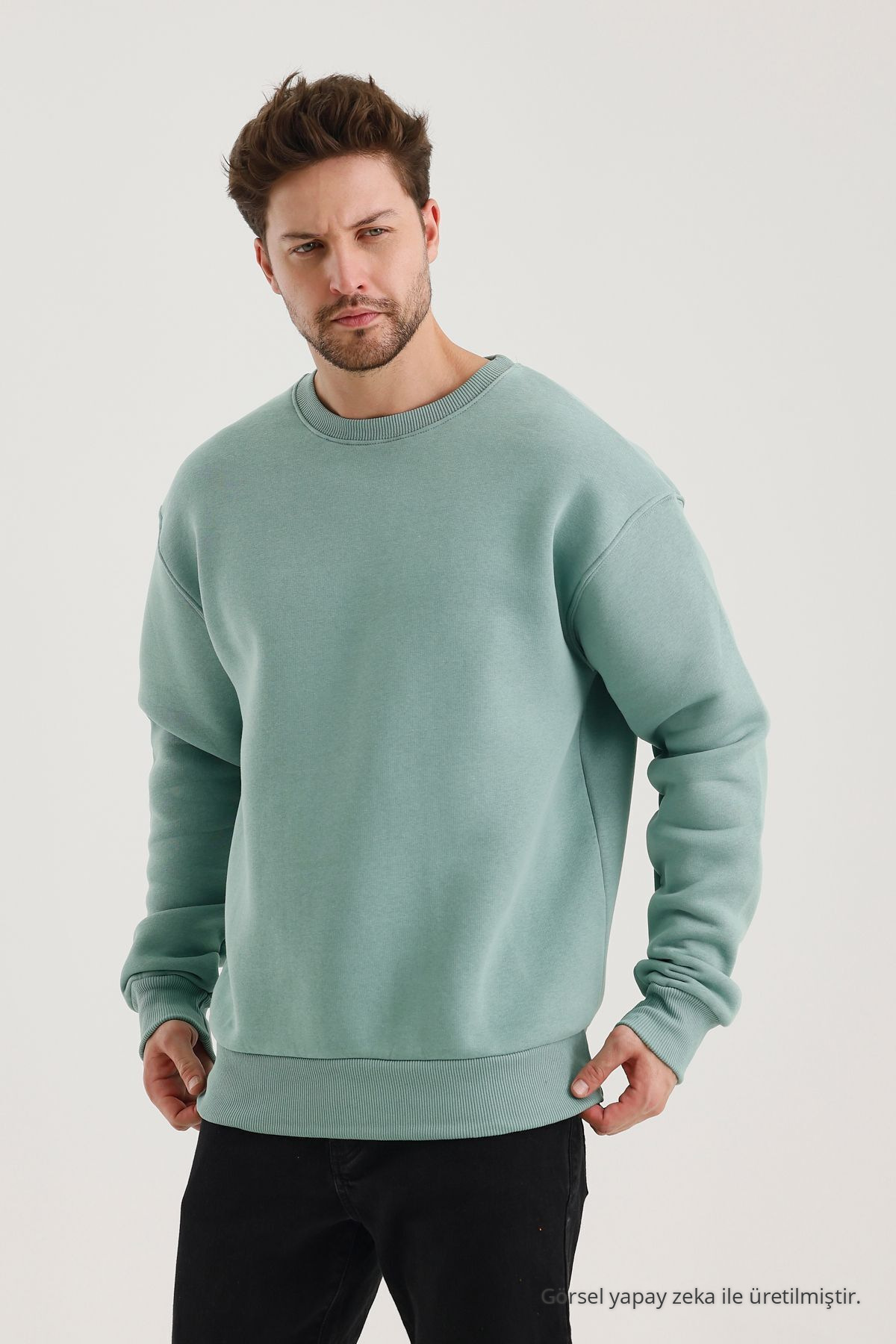 Çağla Pamuklu Bisiklet Yaka Oversize Şardonlu Basic Erkek Sweatshirt 4