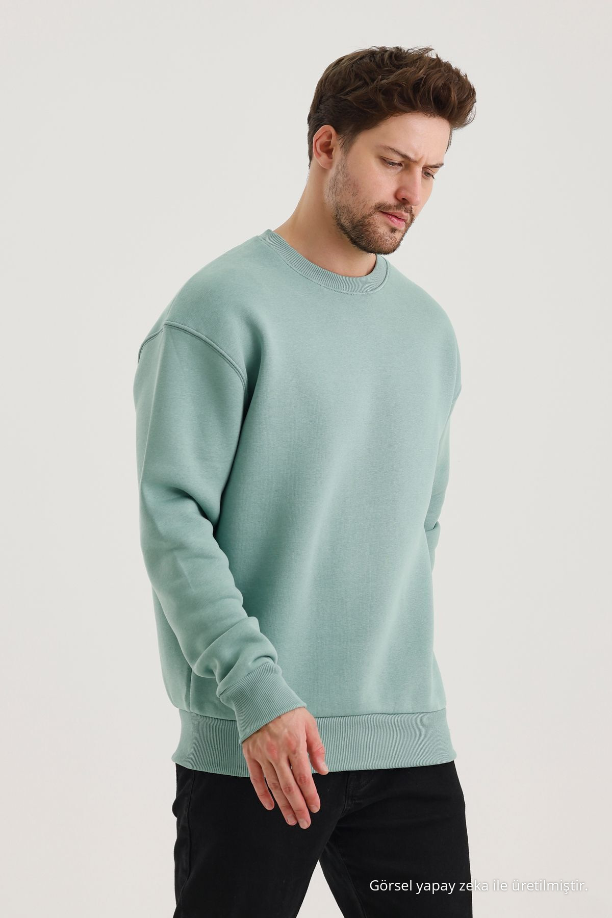 Çağla Pamuklu Bisiklet Yaka Oversize Şardonlu Basic Erkek Sweatshirt 3