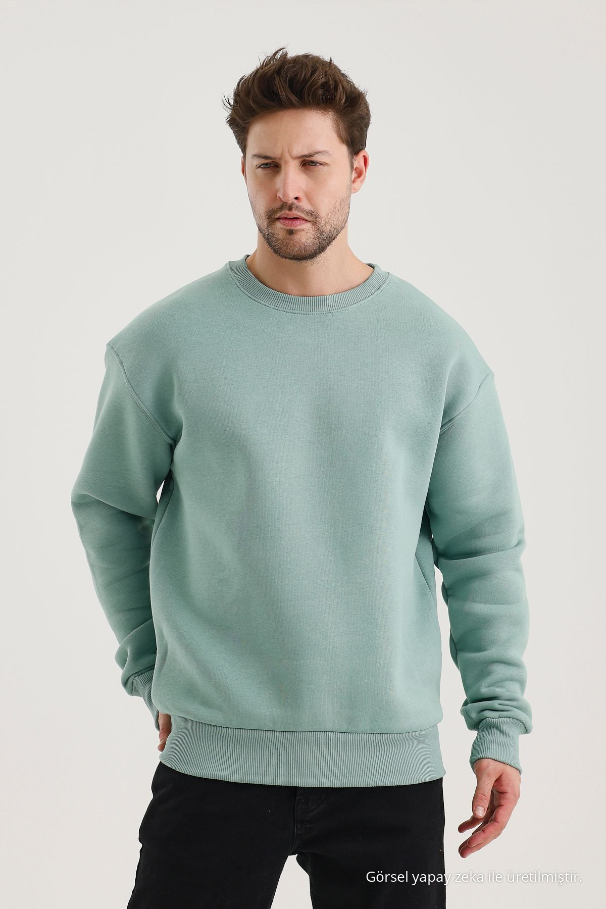 Çağla Pamuklu Bisiklet Yaka Oversize Şardonlu Basic Erkek Sweatshirt 6