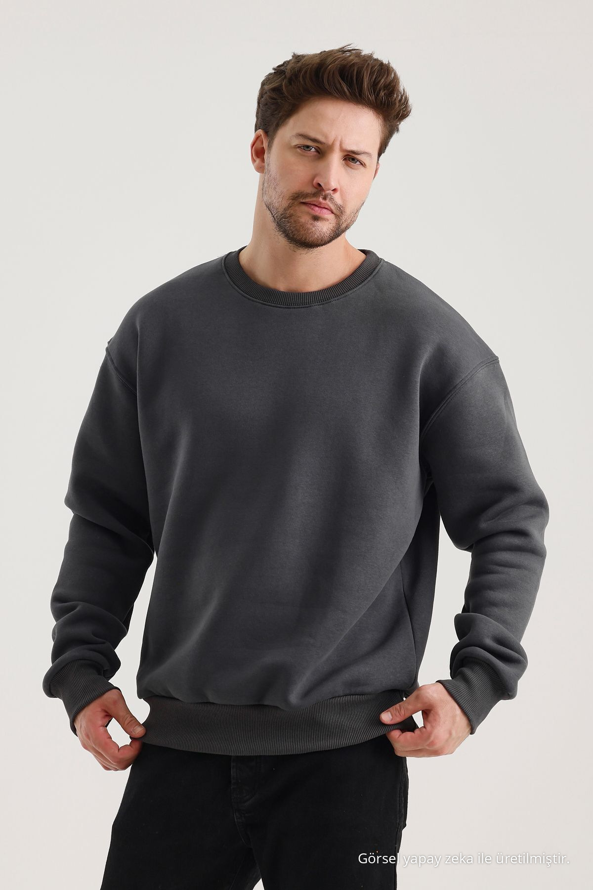 Füme Pamuklu Bisiklet Yaka Oversize Şardonlu Basic Erkek Sweatshirt 8