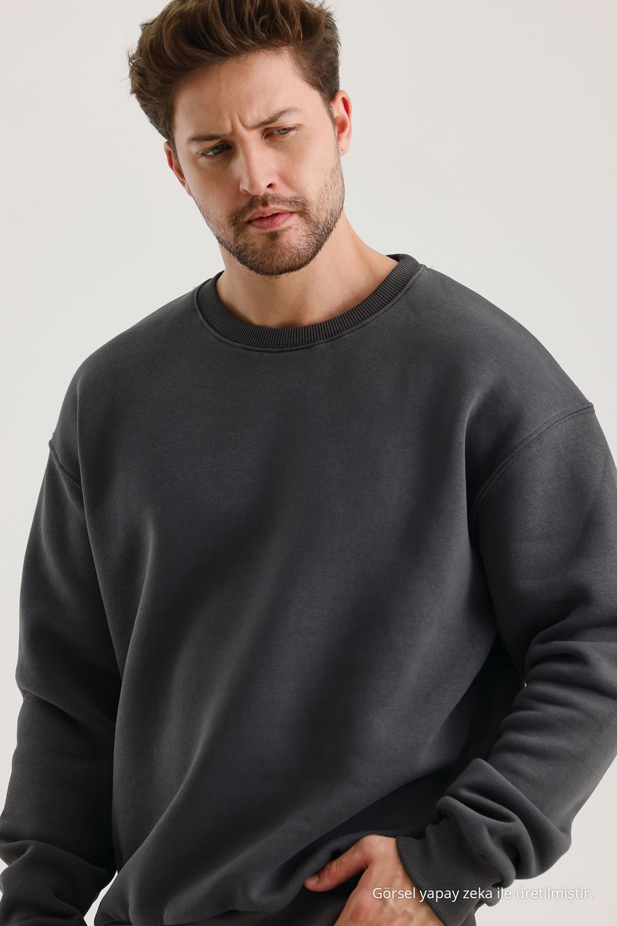 Füme Pamuklu Bisiklet Yaka Oversize Şardonlu Basic Erkek Sweatshirt 7