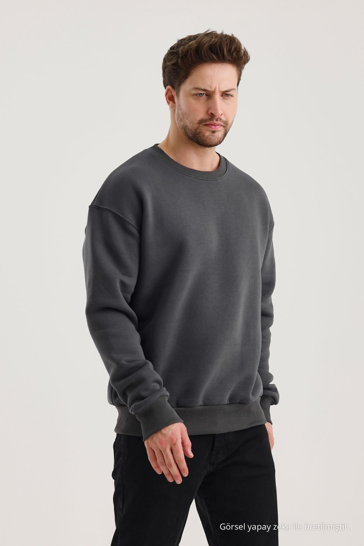 Füme Pamuklu Bisiklet Yaka Oversize Şardonlu Basic Erkek Sweatshirt 6