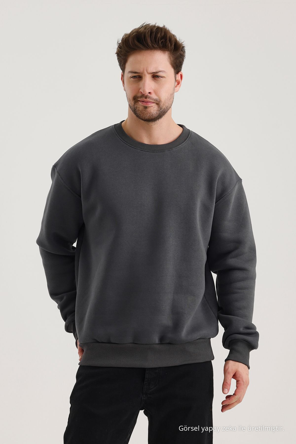 Füme Pamuklu Bisiklet Yaka Oversize Şardonlu Basic Erkek Sweatshirt 4