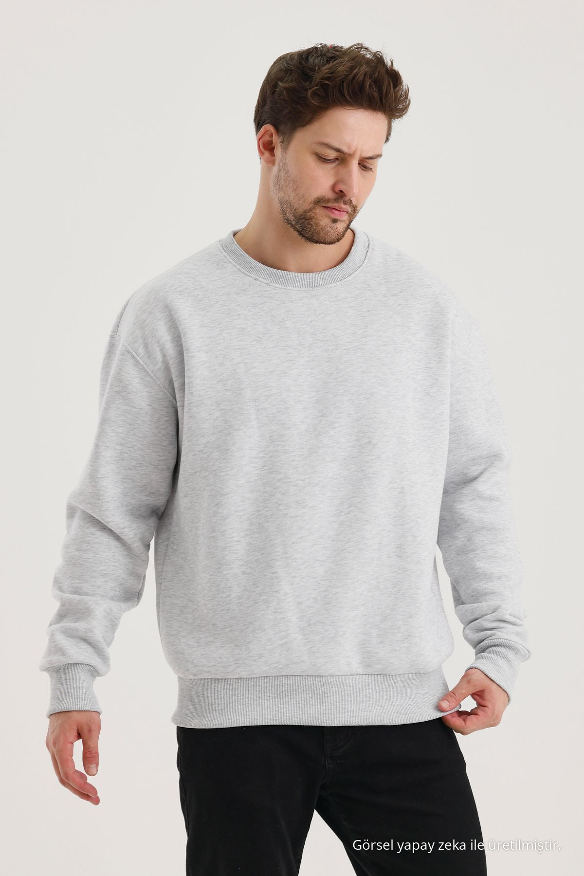 Grimelanj Pamuklu Bisiklet Yaka Oversize Şardonlu Basic Erkek Sweatshirt GRİMELANJ 4