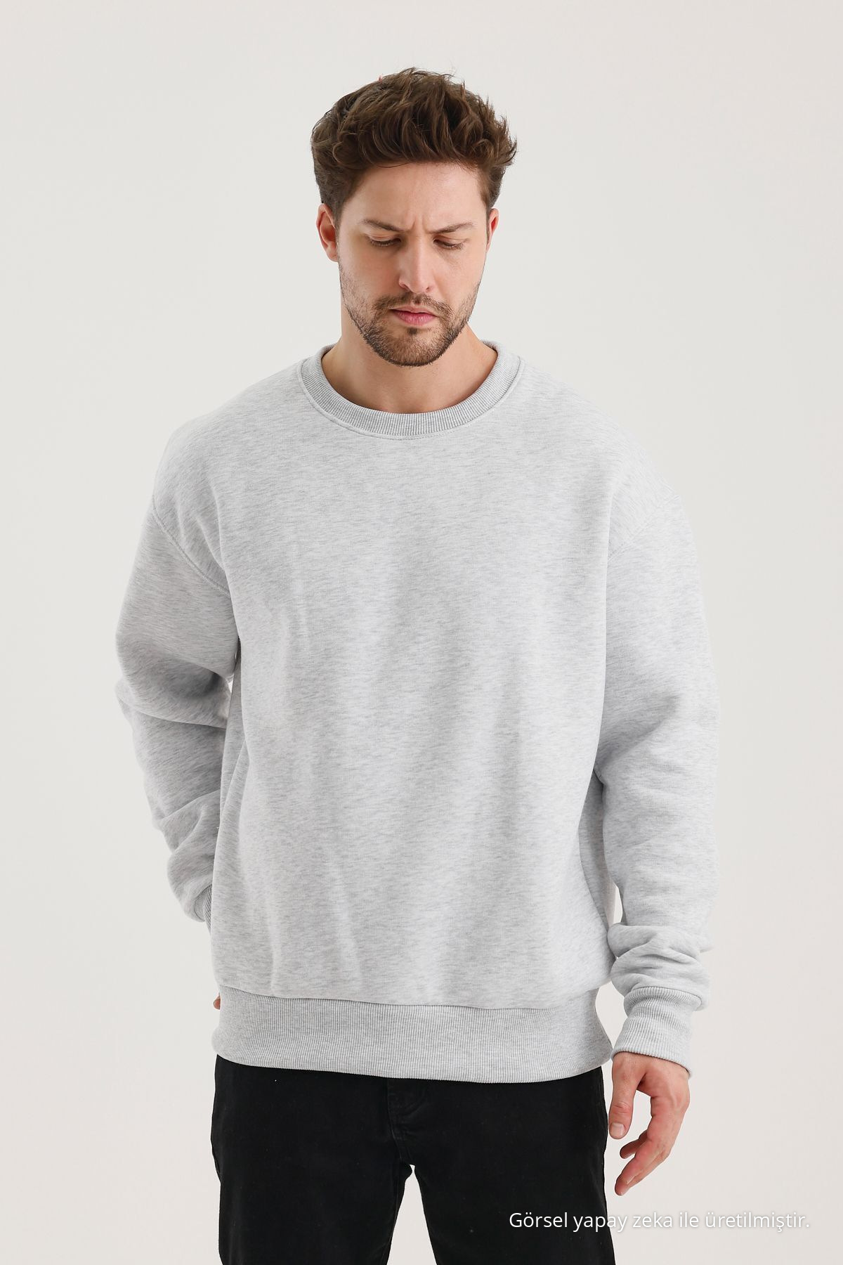 Grimelanj Pamuklu Bisiklet Yaka Oversize Şardonlu Basic Erkek Sweatshirt GRİMELANJ 5