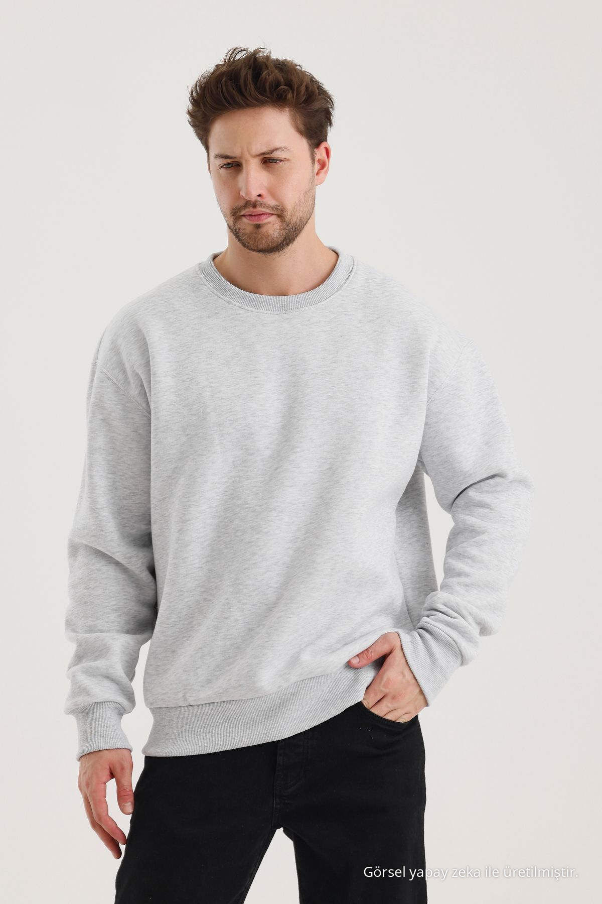 Grimelanj Pamuklu Bisiklet Yaka Oversize Şardonlu Basic Erkek Sweatshirt GRİMELANJ 3
