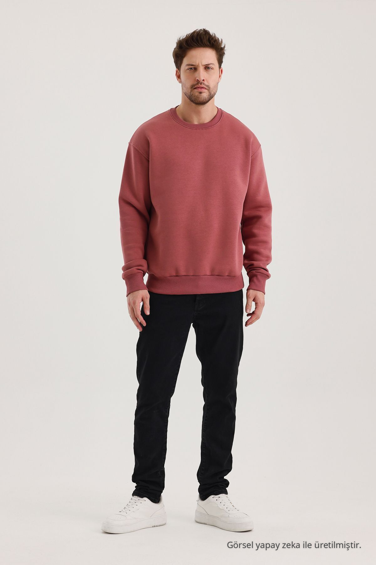 Gül Kurusu Bisiklet Yaka Oversize Şardonlu Basic Erkek Sweatshirt 5
