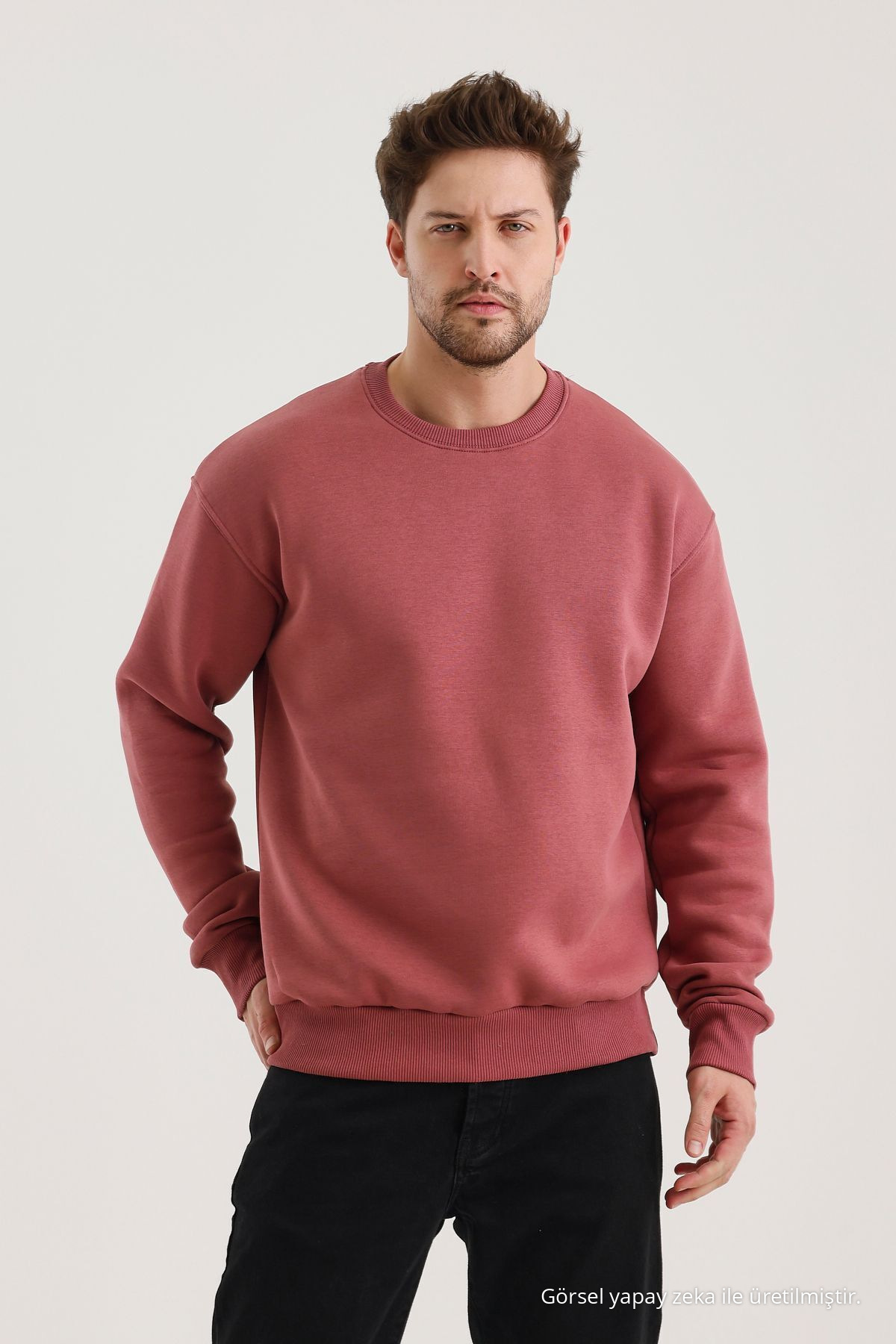 Gül Kurusu Bisiklet Yaka Oversize Şardonlu Basic Erkek Sweatshirt 7