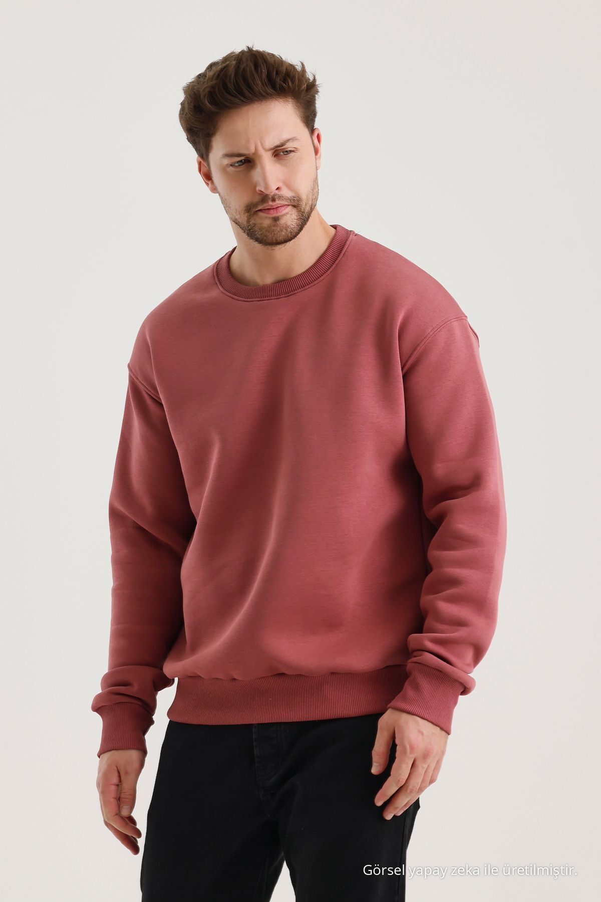Gül Kurusu Bisiklet Yaka Oversize Şardonlu Basic Erkek Sweatshirt 8