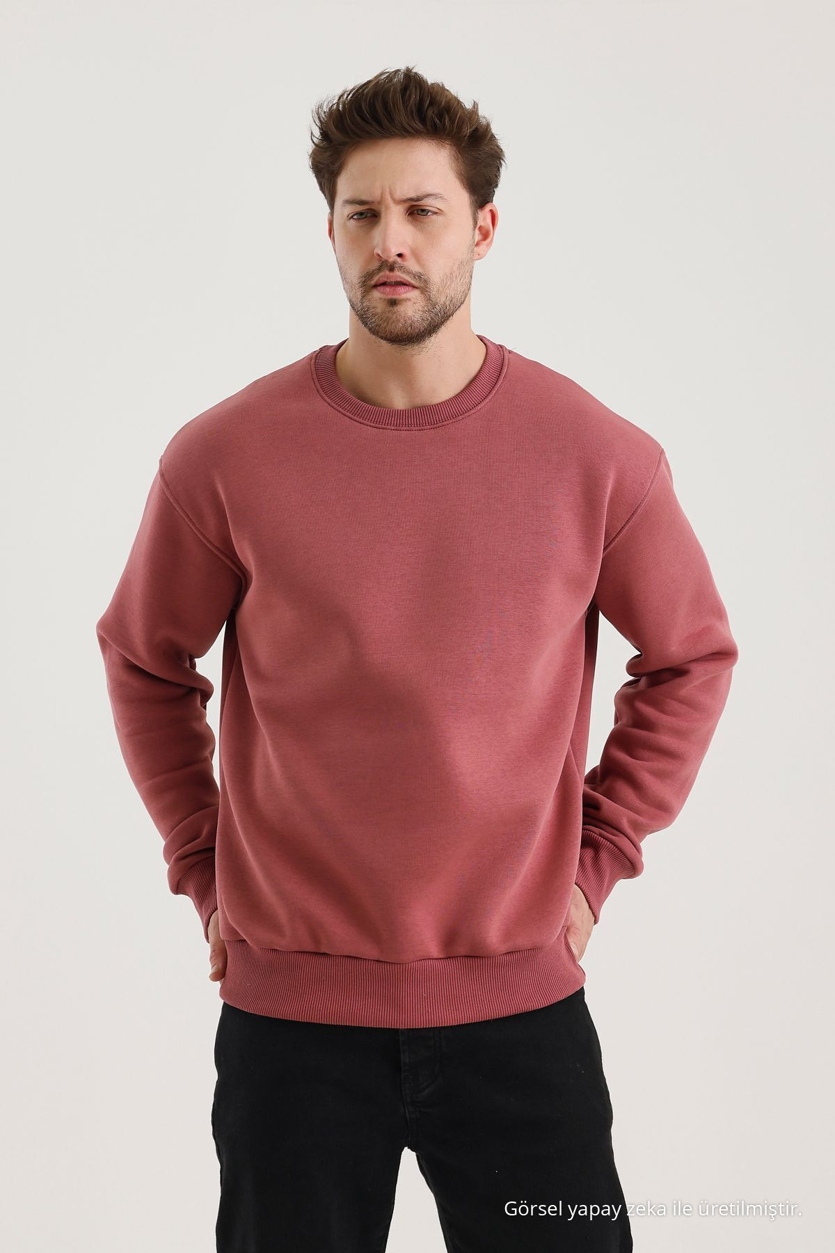 Gül Kurusu Bisiklet Yaka Oversize Şardonlu Basic Erkek Sweatshirt 6