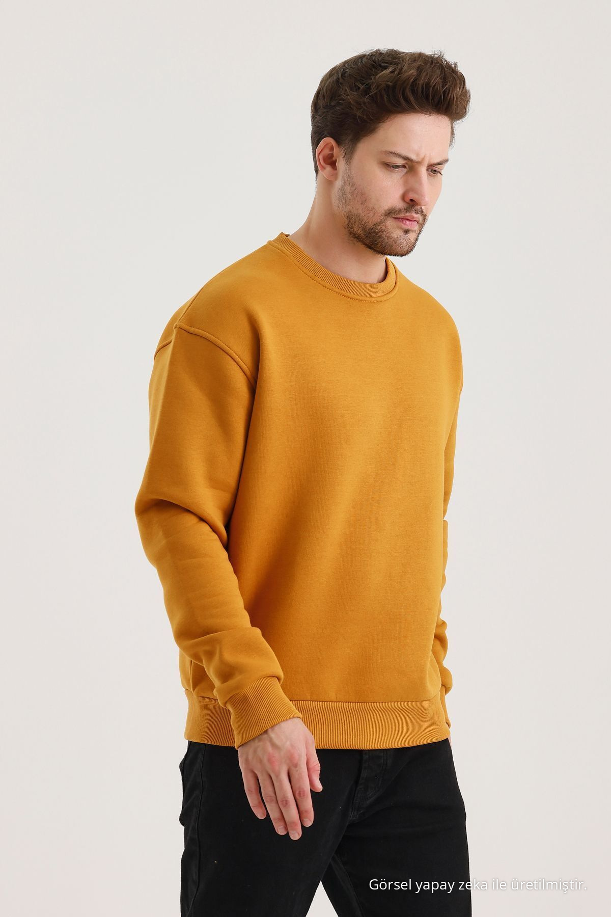 Hardal Bisiklet Yaka Oversize Şardonlu Basic Erkek Sweatshirt 3