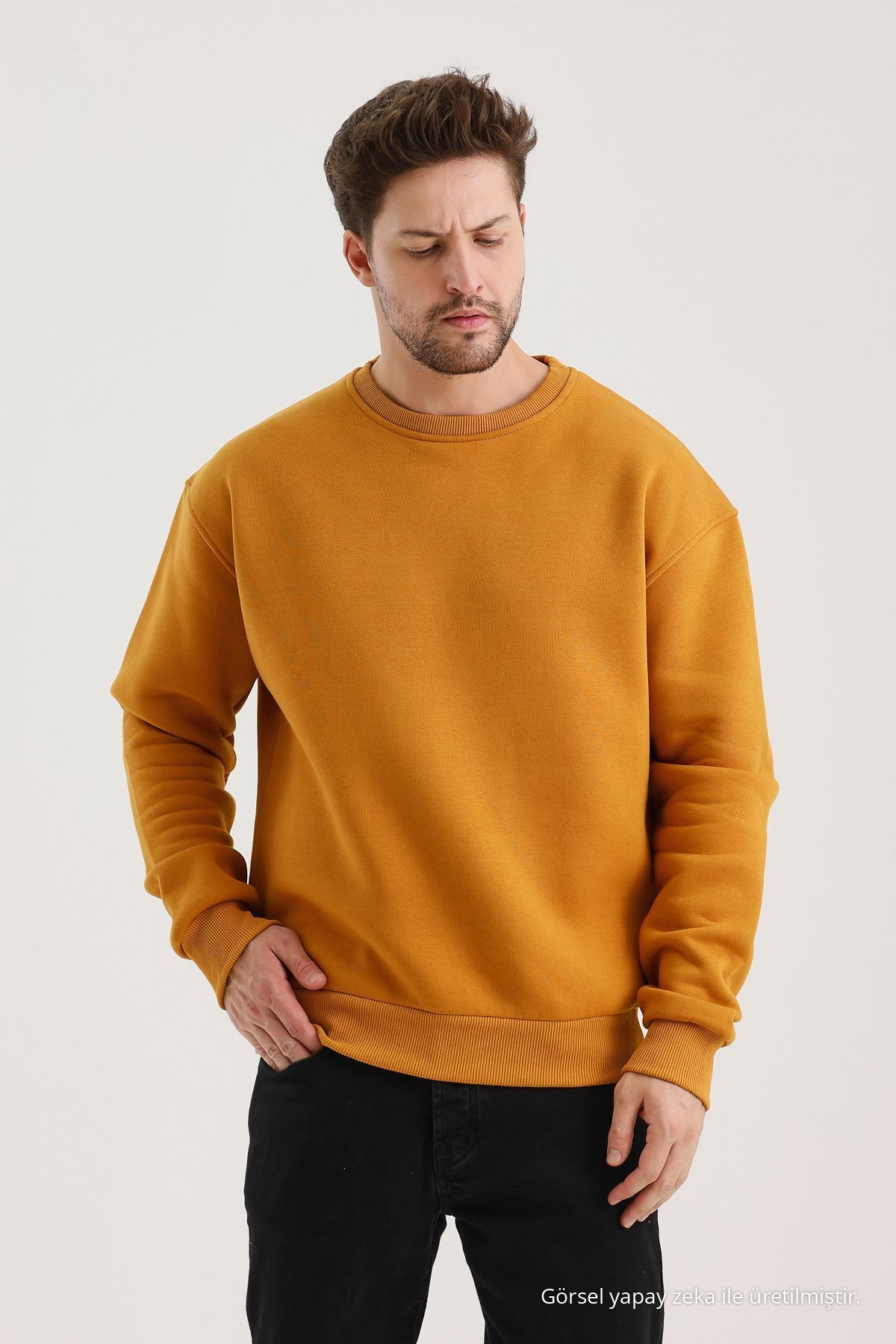 Hardal Bisiklet Yaka Oversize Şardonlu Basic Erkek Sweatshirt 4