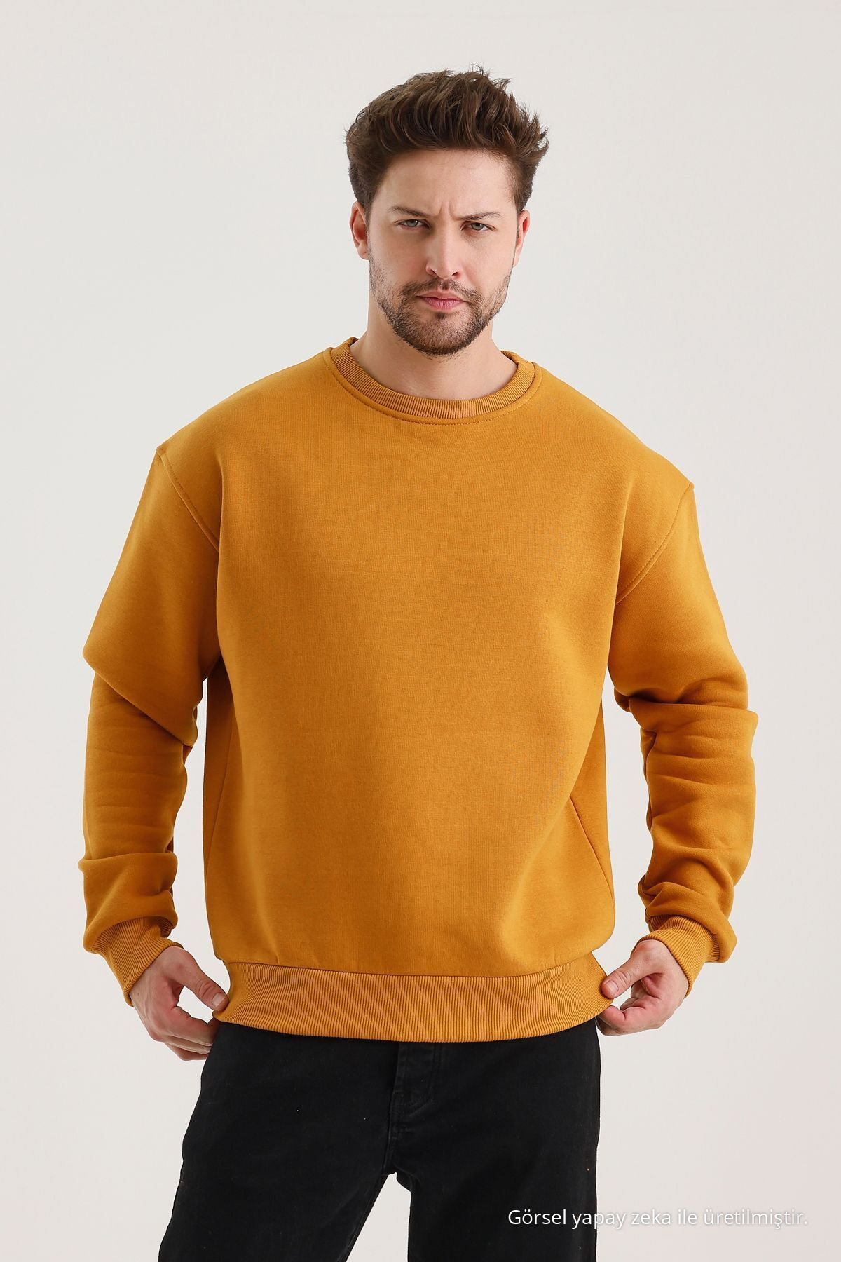 Hardal Bisiklet Yaka Oversize Şardonlu Basic Erkek Sweatshirt 7