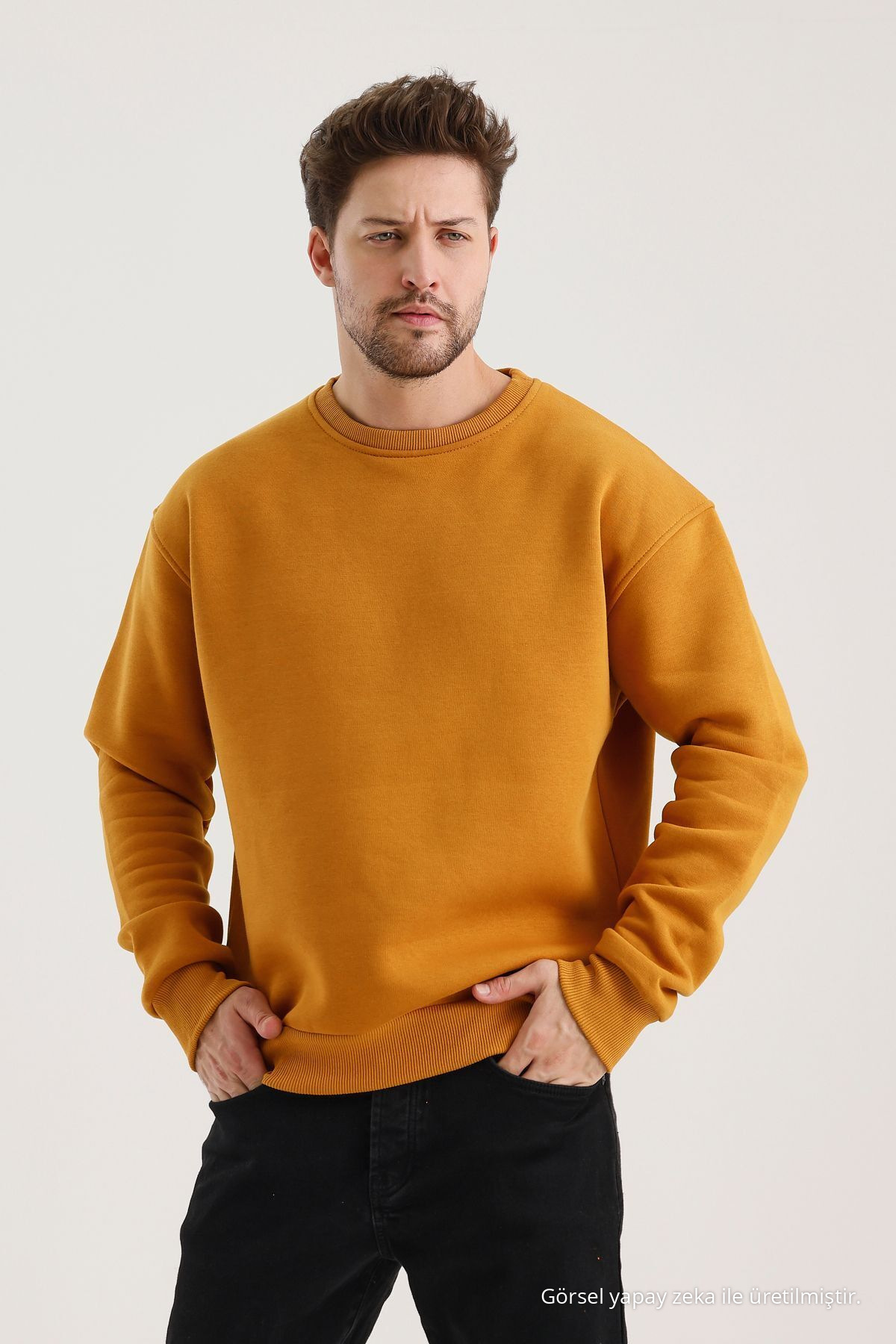 Hardal Bisiklet Yaka Oversize Şardonlu Basic Erkek Sweatshirt 5