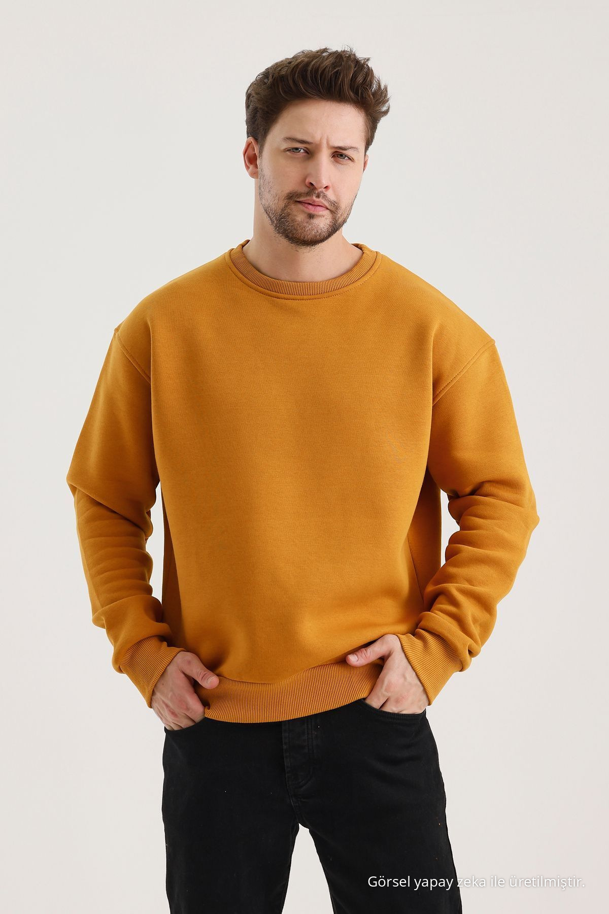 Hardal Bisiklet Yaka Oversize Şardonlu Basic Erkek Sweatshirt 6