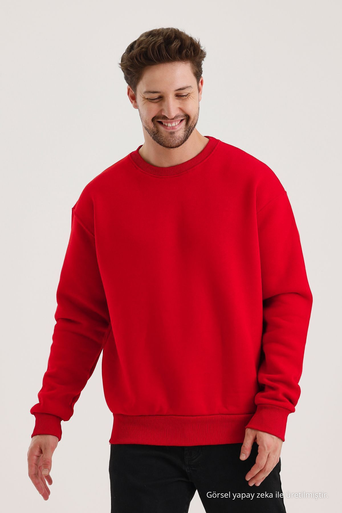 KIRMIZI Bisiklet Yaka Oversize Şardonlu Basic Erkek Sweatshirt 3