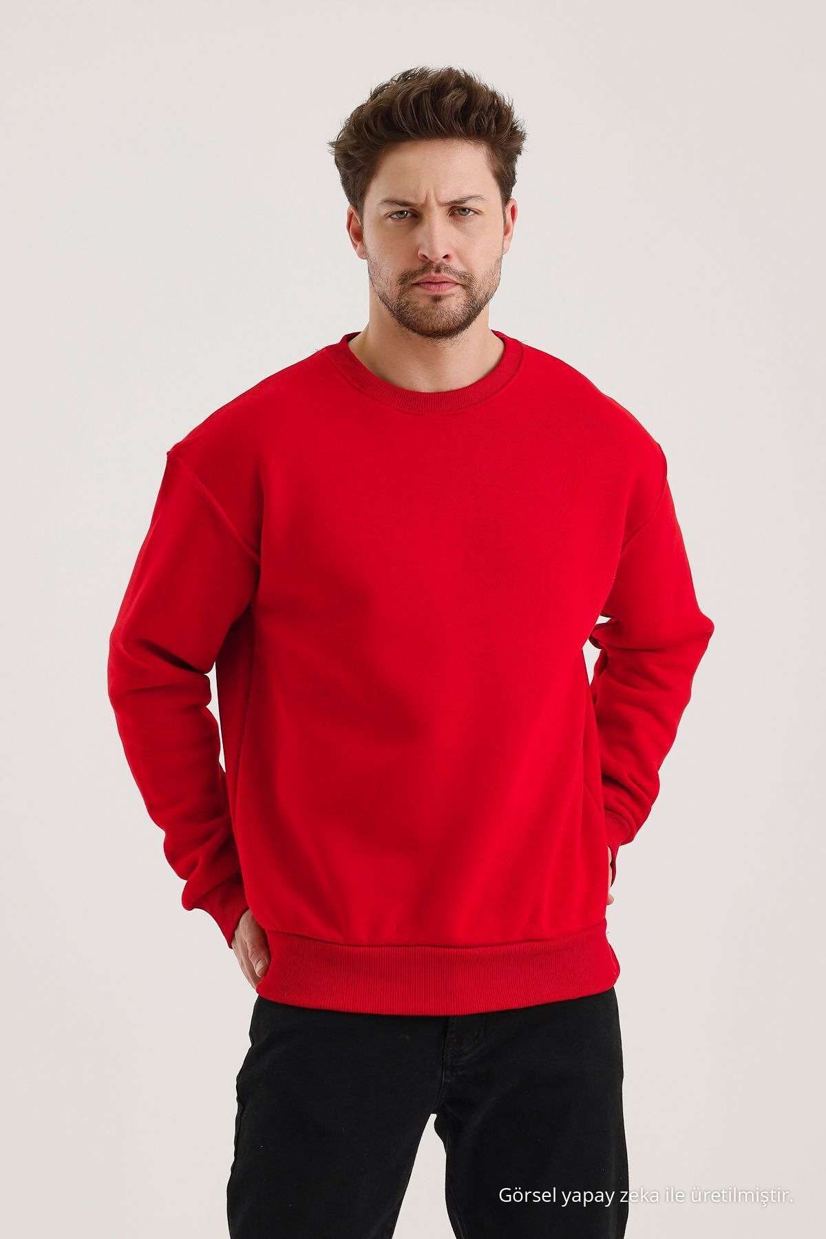 KIRMIZI Bisiklet Yaka Oversize Şardonlu Basic Erkek Sweatshirt 6
