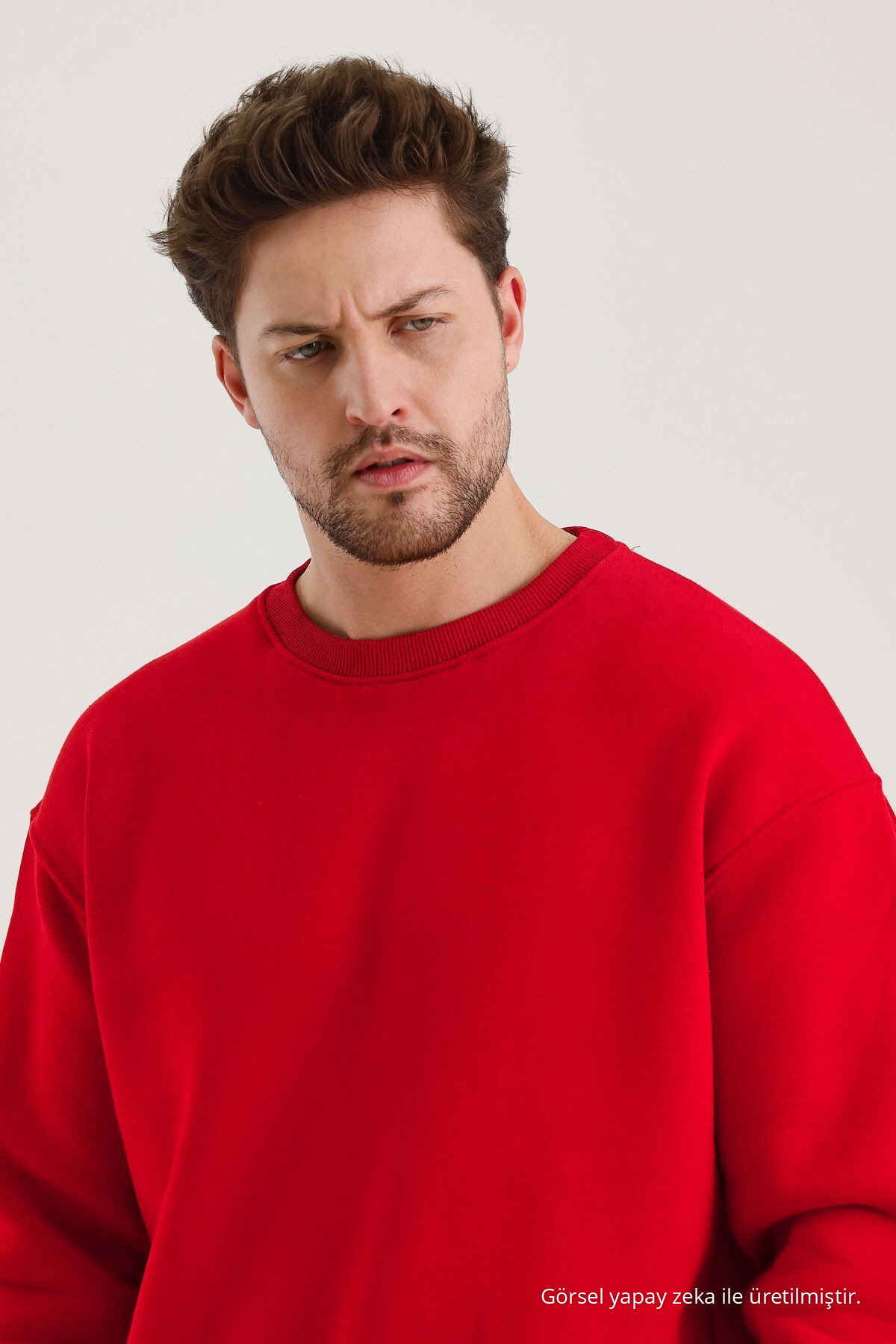 KIRMIZI Bisiklet Yaka Oversize Şardonlu Basic Erkek Sweatshirt 7