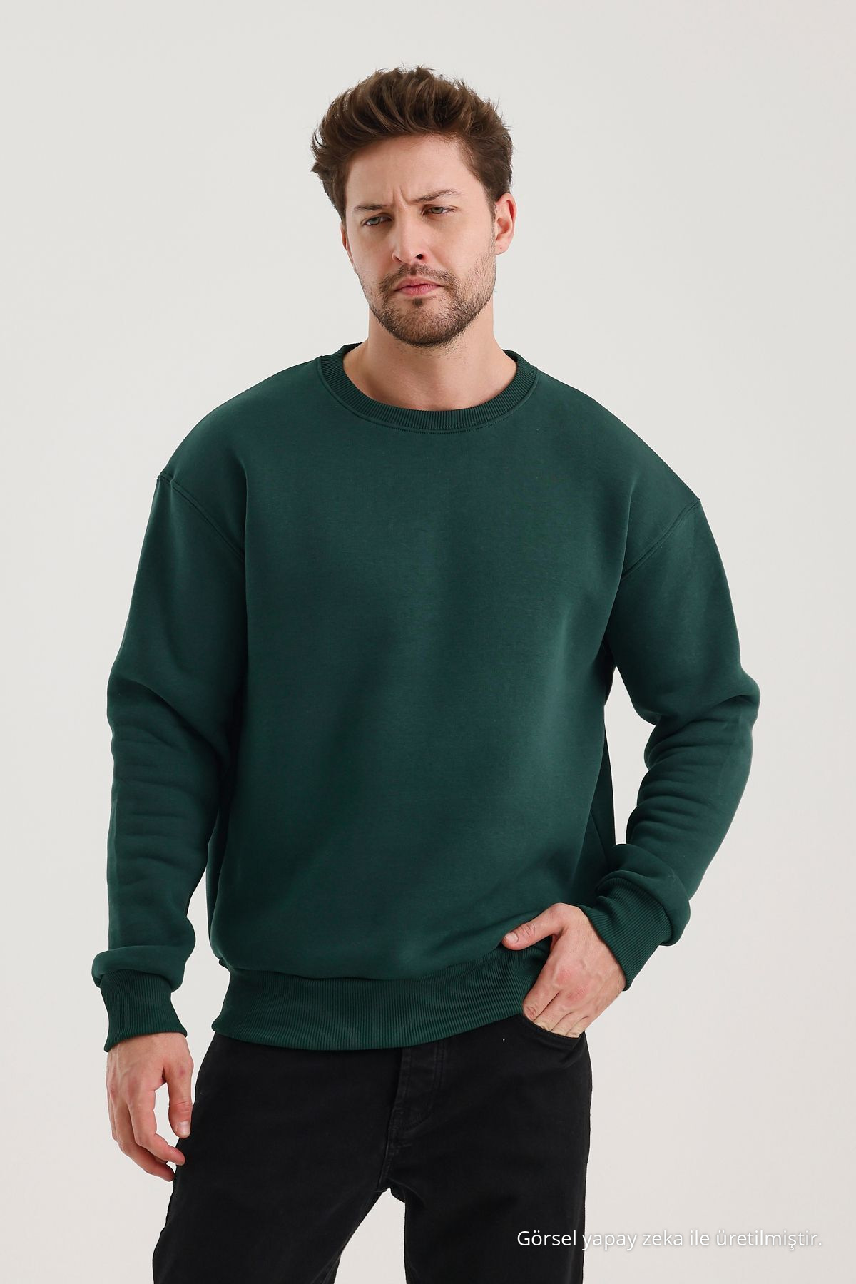 KOYU YEŞİL Bisiklet Yaka Oversize Şardonlu Basic Erkek Sweatshirt 3