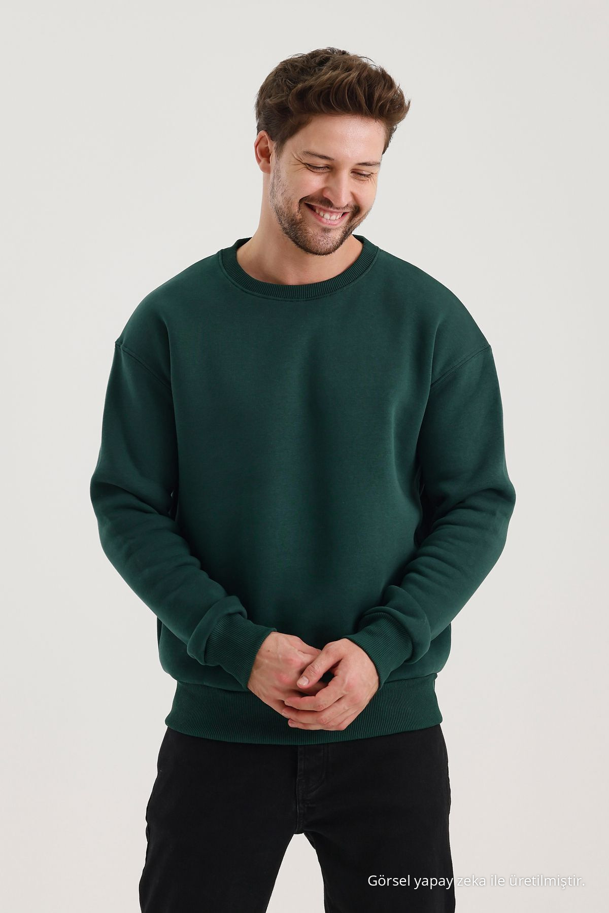 KOYU YEŞİL Bisiklet Yaka Oversize Şardonlu Basic Erkek Sweatshirt 5
