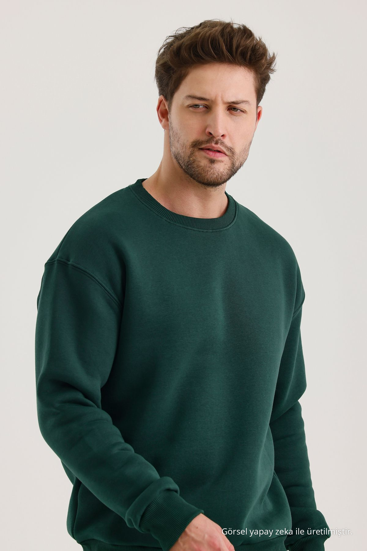 KOYU YEŞİL Bisiklet Yaka Oversize Şardonlu Basic Erkek Sweatshirt 6