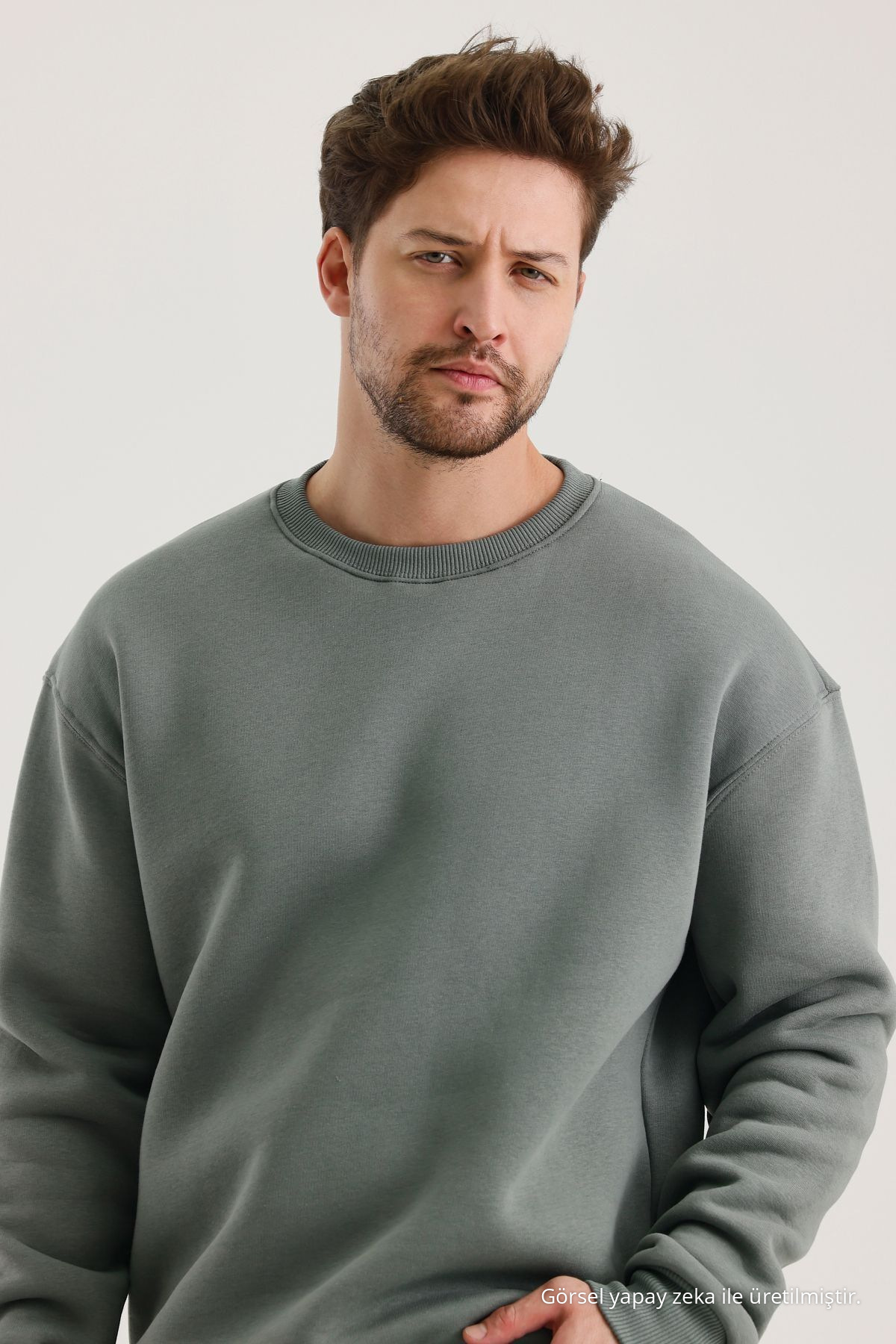 Küf Rengi Bisiklet Yaka Oversize Şardonlu Basic Erkek Sweatshirt KÜF RENGİ 8
