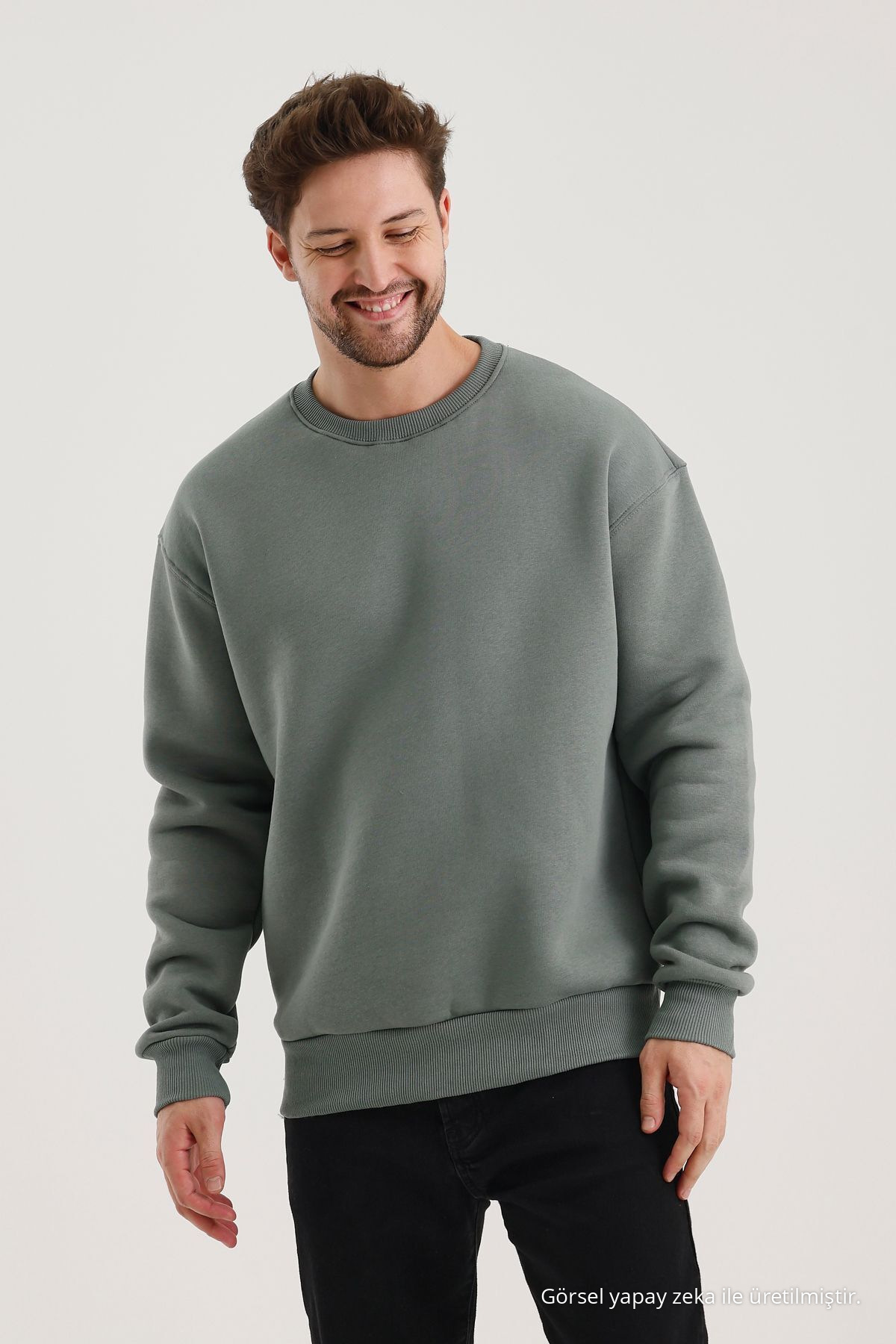 Küf Rengi Bisiklet Yaka Oversize Şardonlu Basic Erkek Sweatshirt KÜF RENGİ 3