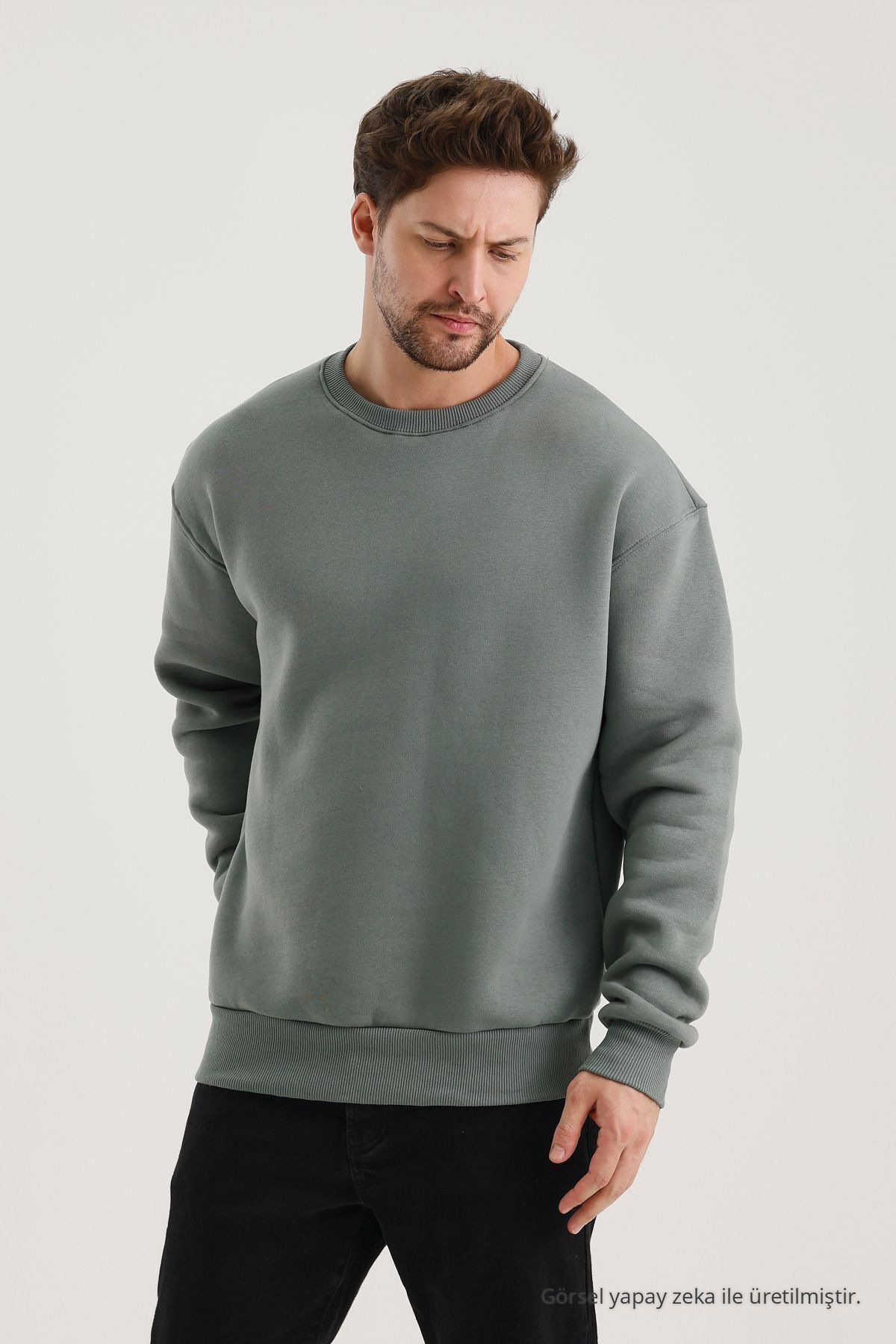 Küf Rengi Bisiklet Yaka Oversize Şardonlu Basic Erkek Sweatshirt KÜF RENGİ 4