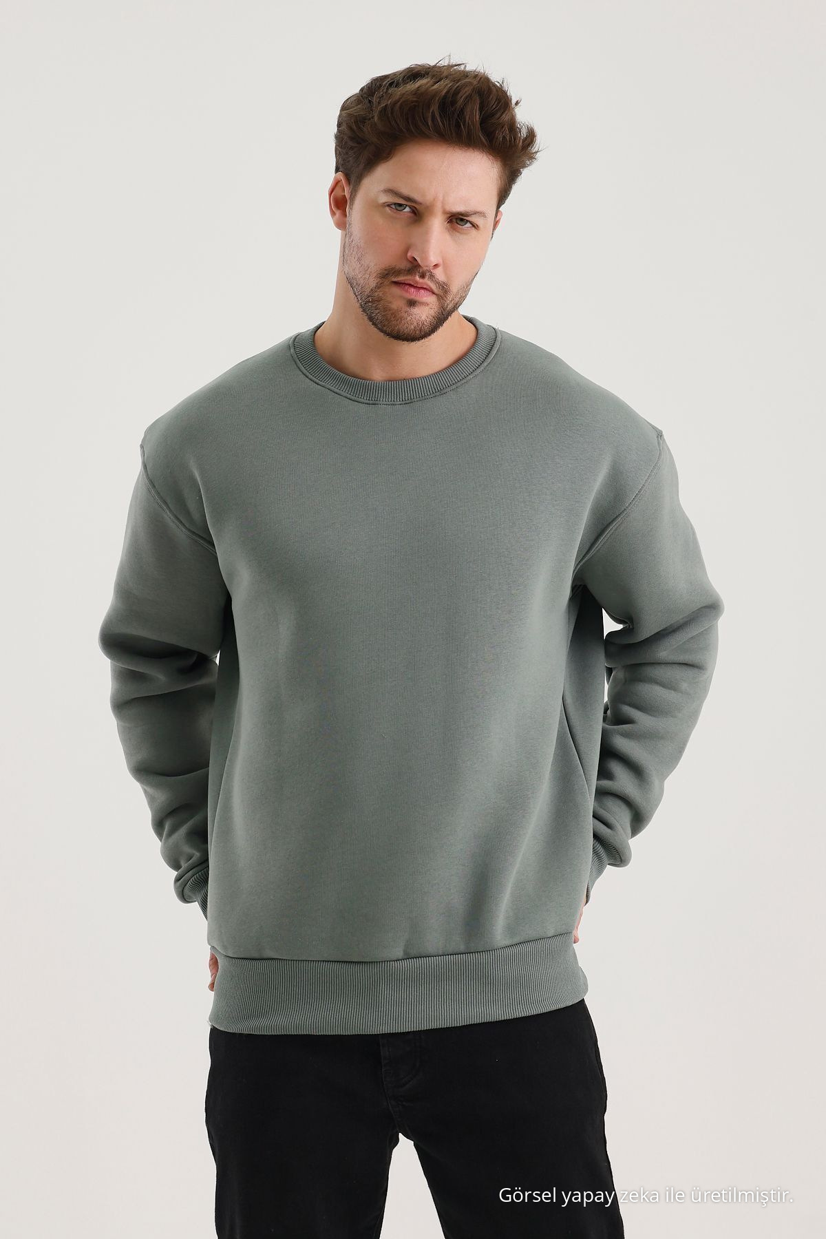Küf Rengi Bisiklet Yaka Oversize Şardonlu Basic Erkek Sweatshirt KÜF RENGİ 5