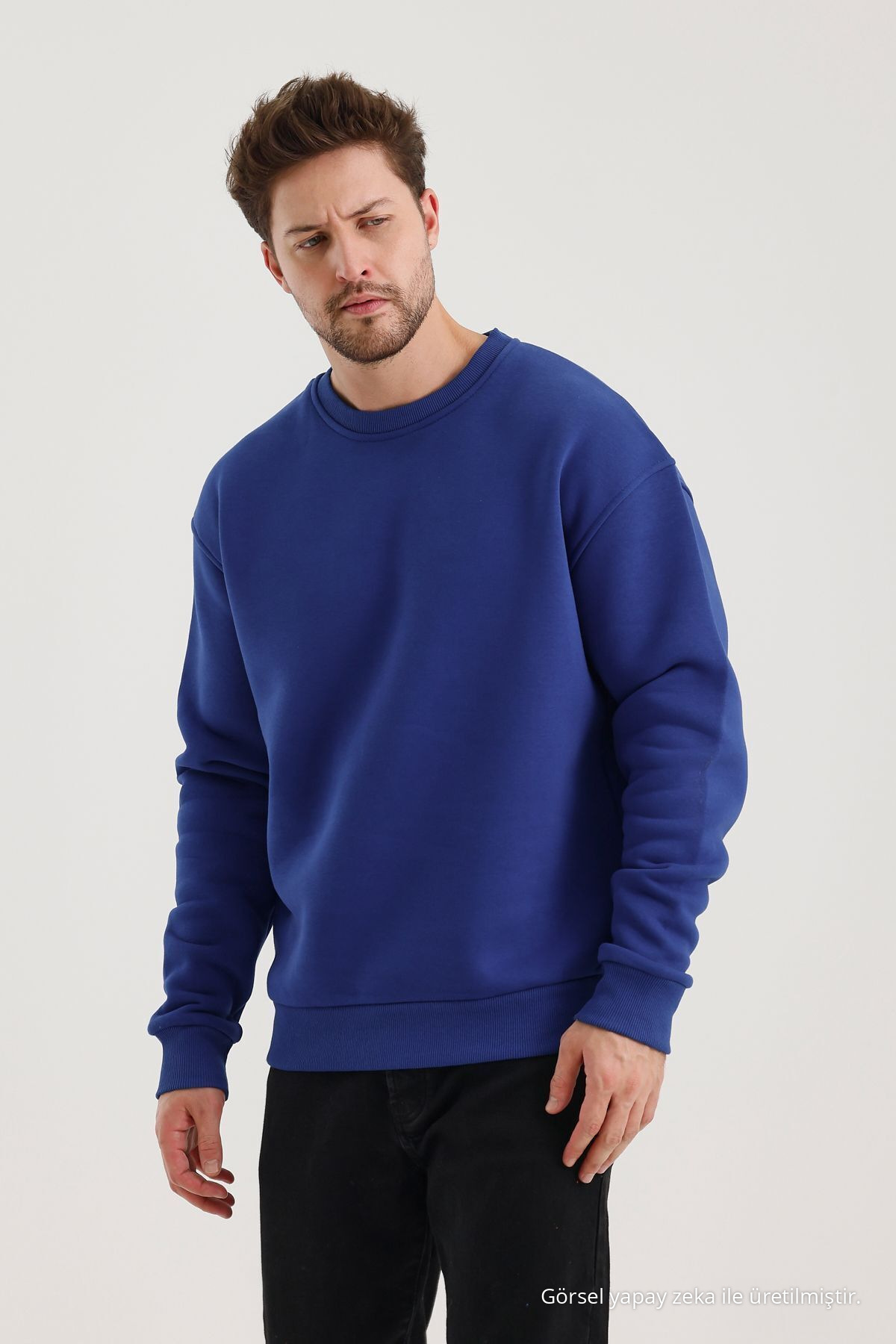 Saks Bisiklet Yaka Oversize Şardonlu Basic Erkek Sweatshirt MAVİ 3
