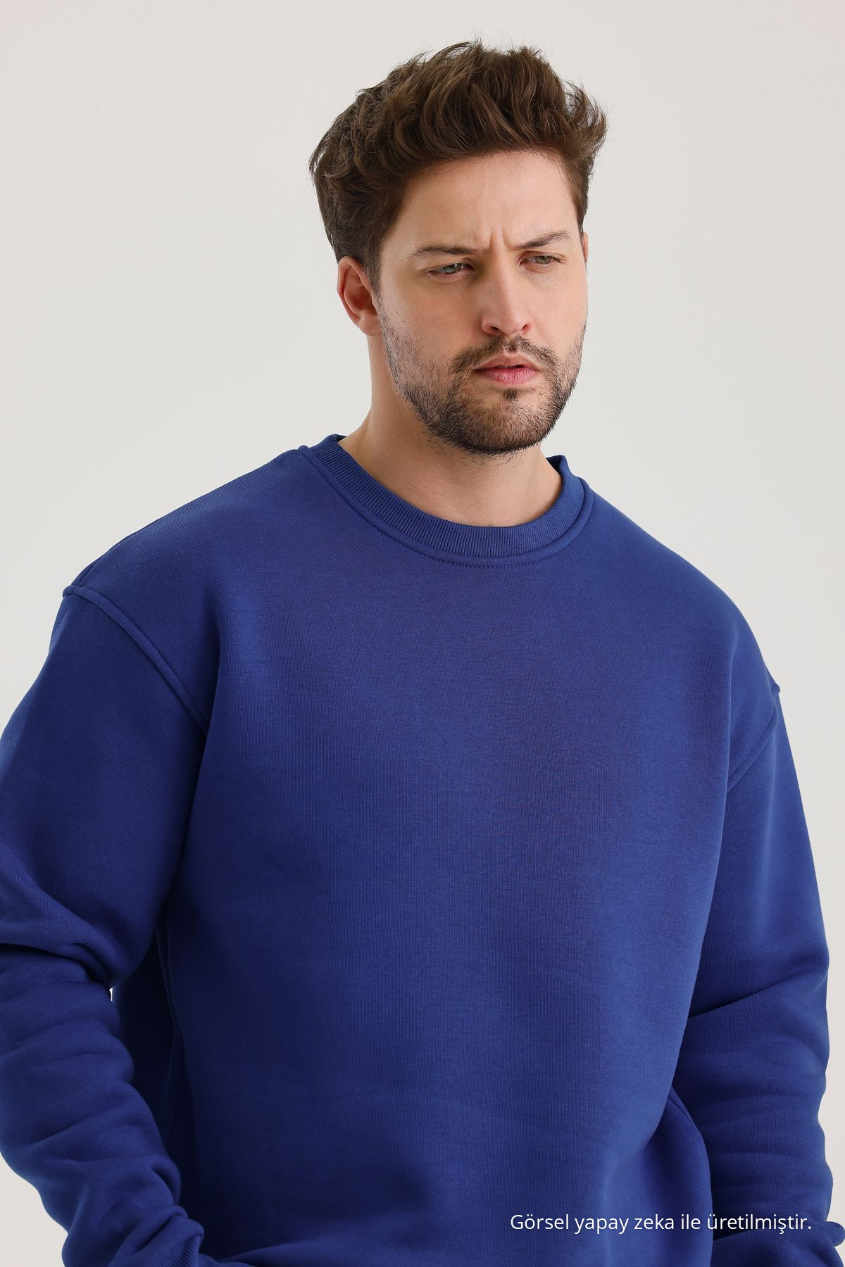 Saks Bisiklet Yaka Oversize Şardonlu Basic Erkek Sweatshirt MAVİ 7