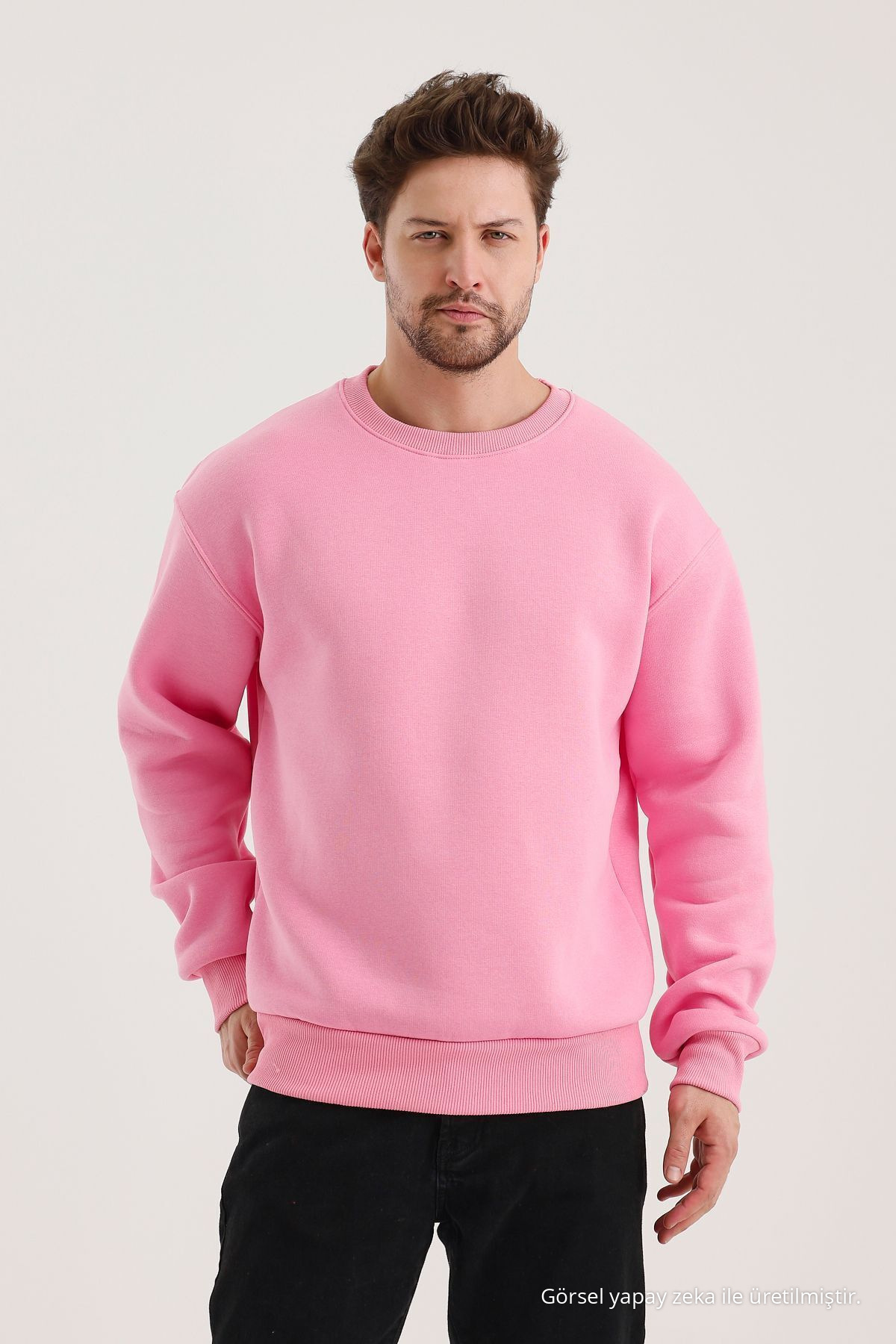 Pembe Bisiklet Yaka Oversize Şardonlu Basic Erkek Sweatshirt 4