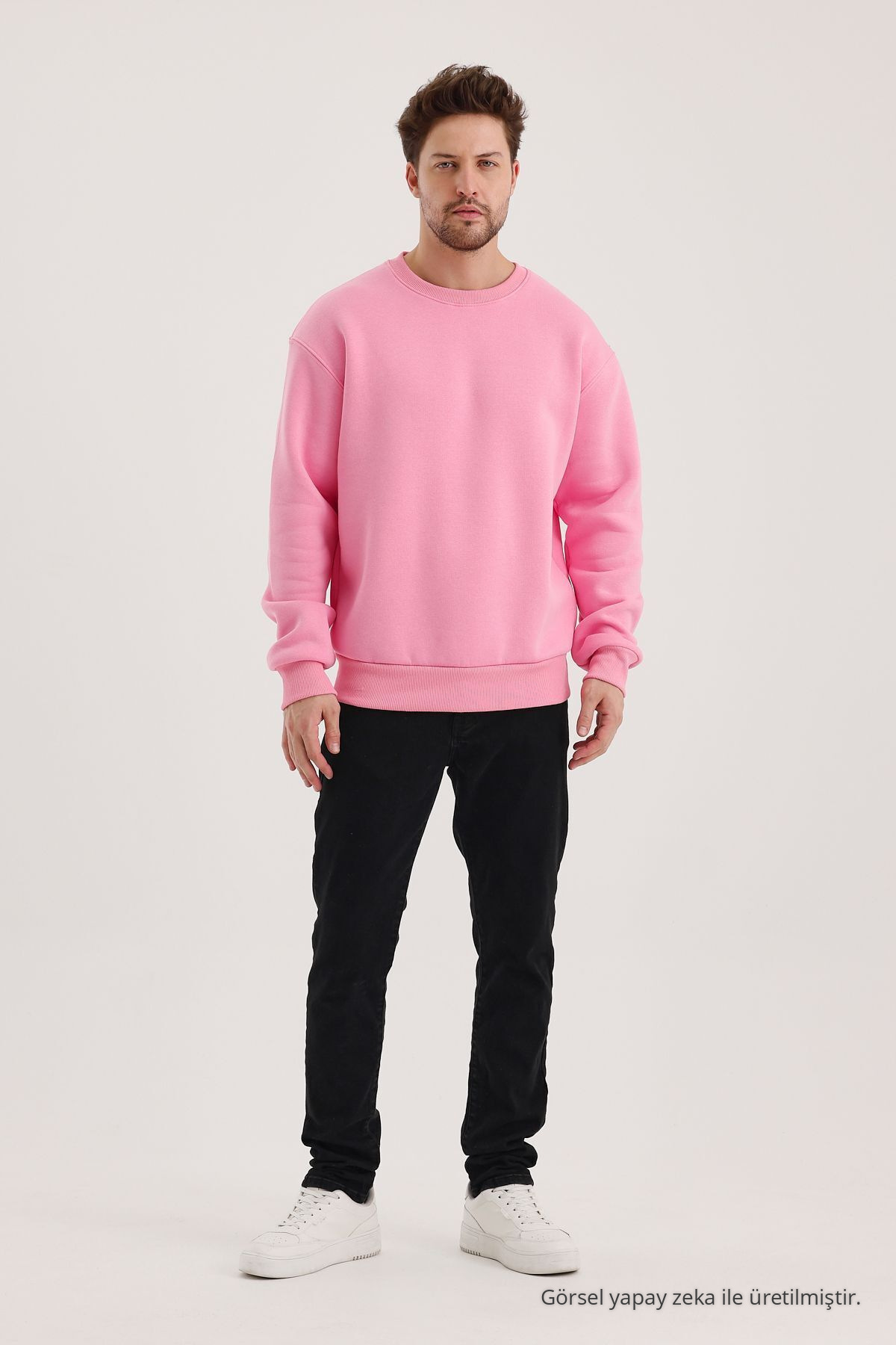 Pembe Bisiklet Yaka Oversize Şardonlu Basic Erkek Sweatshirt 8