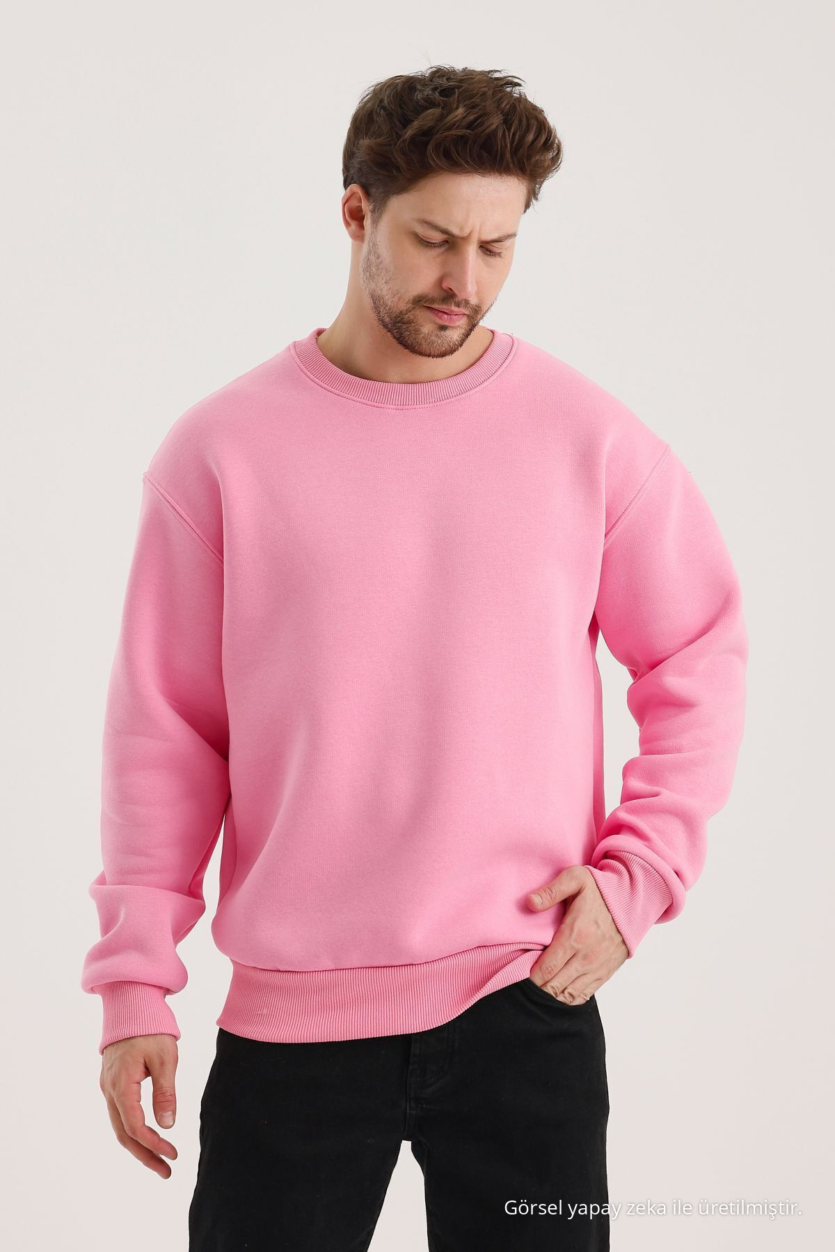 Pembe Bisiklet Yaka Oversize Şardonlu Basic Erkek Sweatshirt 3