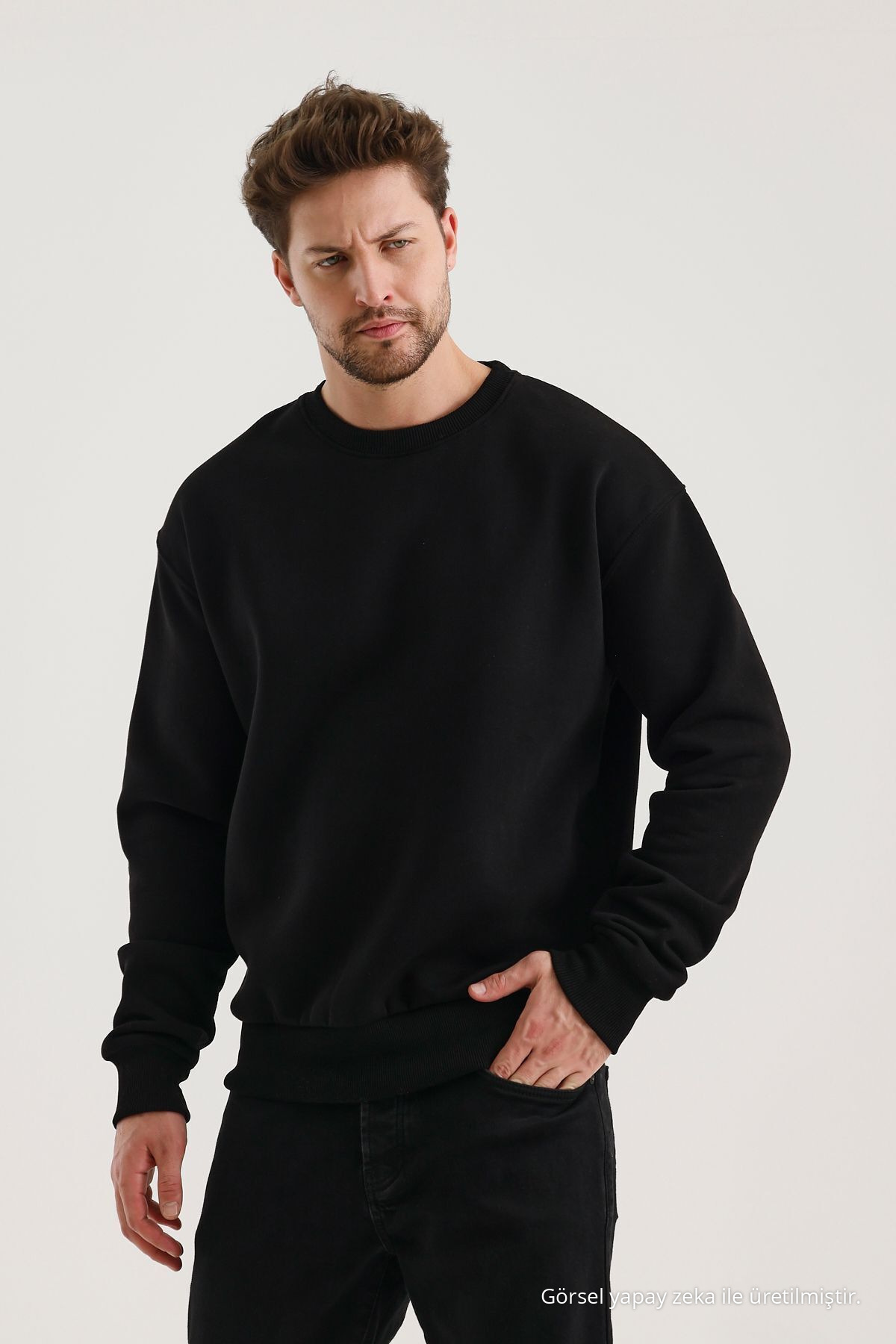 SİYAH Bisiklet Yaka Oversize Şardonlu Basic Erkek Sweatshirt 7