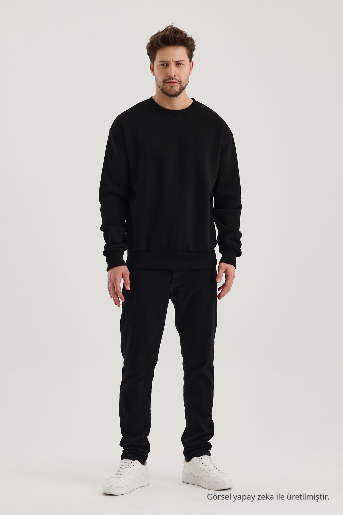 SİYAH Bisiklet Yaka Oversize Şardonlu Basic Erkek Sweatshirt 8