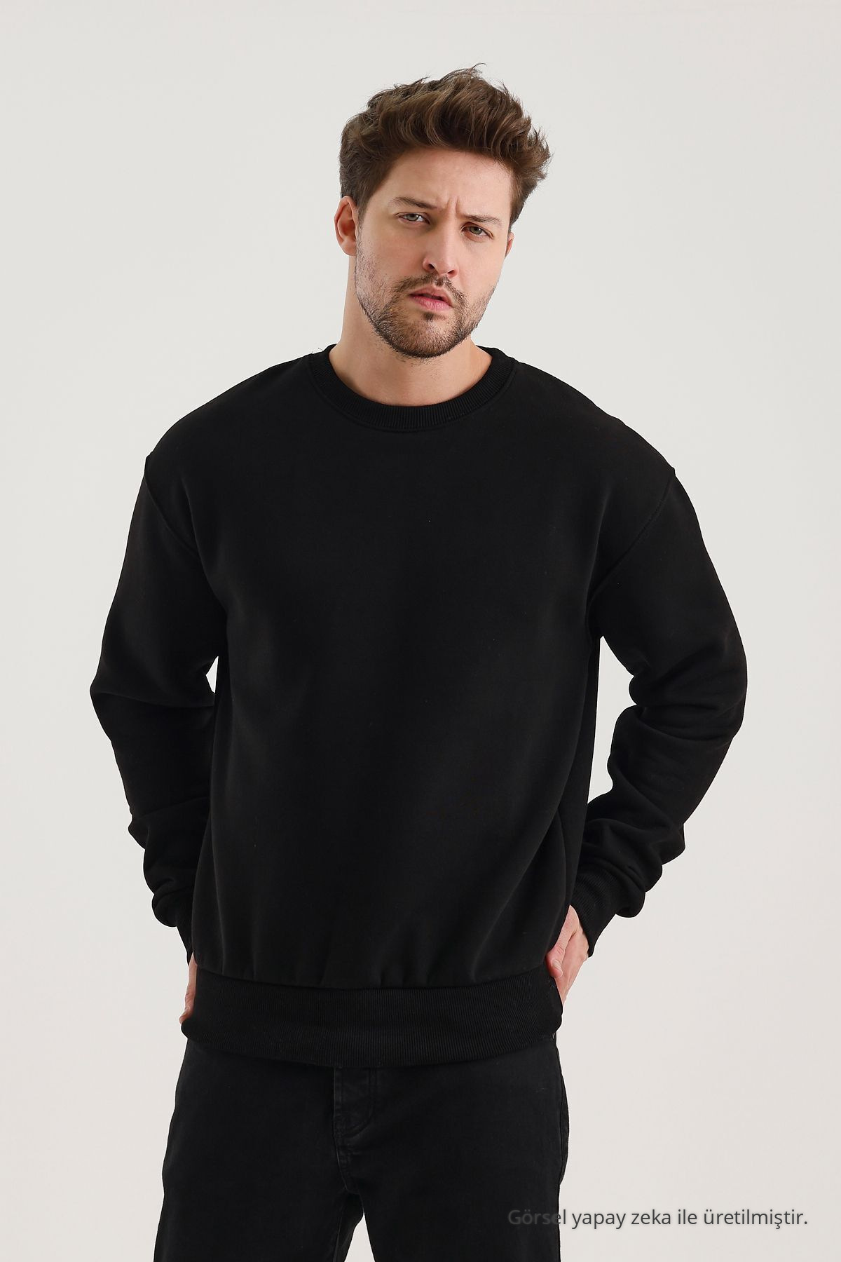 SİYAH Bisiklet Yaka Oversize Şardonlu Basic Erkek Sweatshirt 4