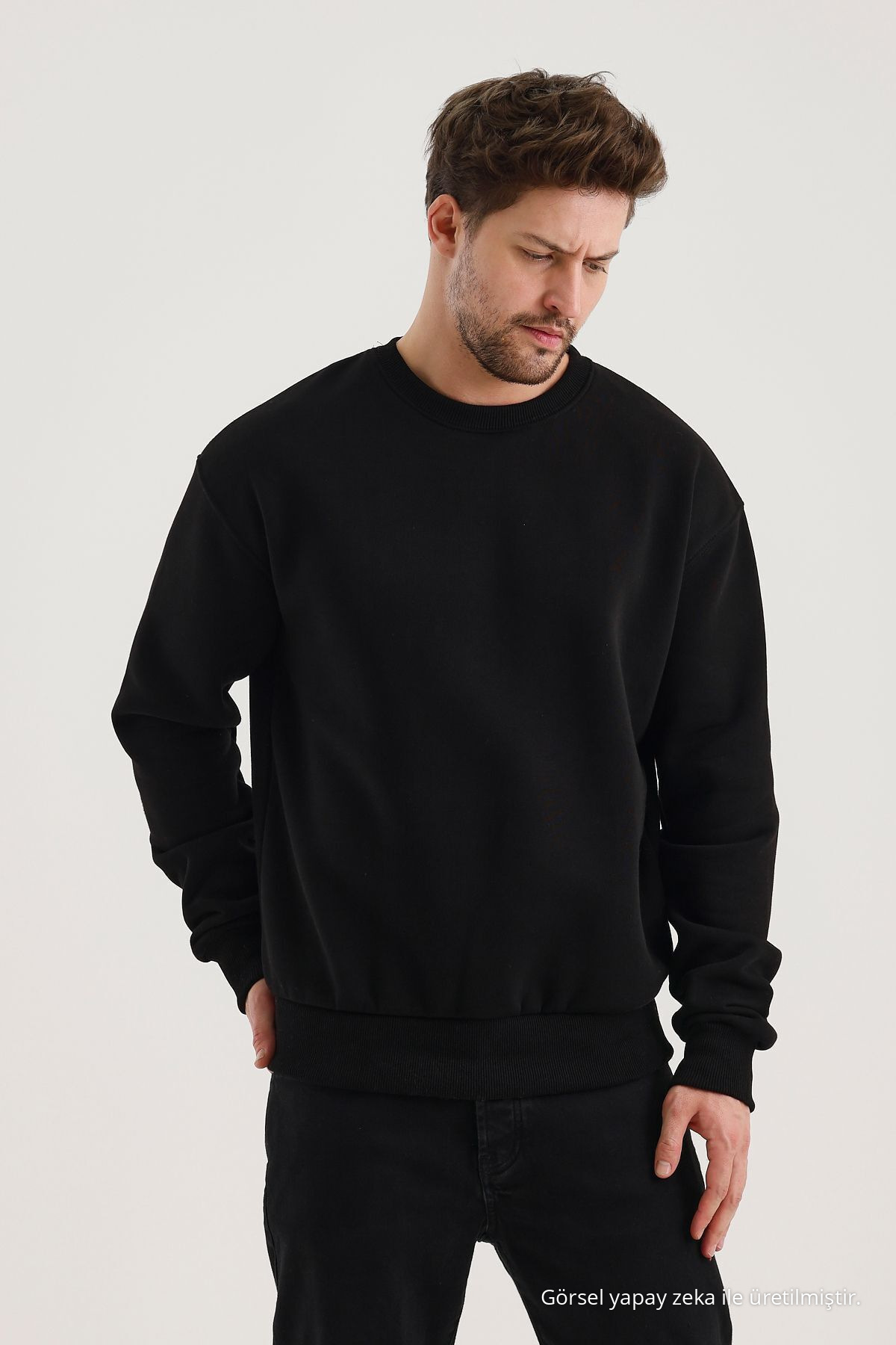 SİYAH Bisiklet Yaka Oversize Şardonlu Basic Erkek Sweatshirt 5