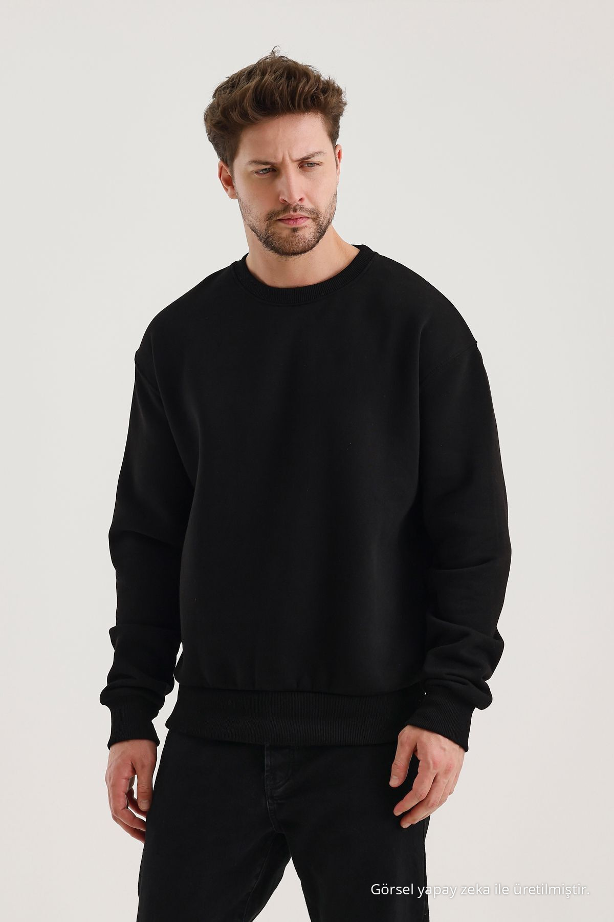 SİYAH Bisiklet Yaka Oversize Şardonlu Basic Erkek Sweatshirt 3