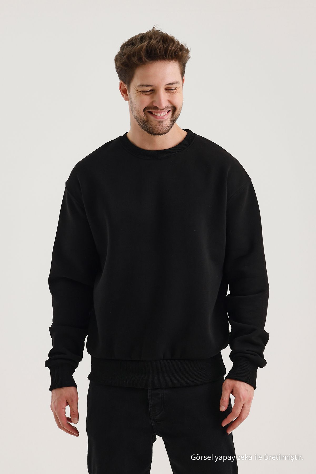 SİYAH Bisiklet Yaka Oversize Şardonlu Basic Erkek Sweatshirt 6