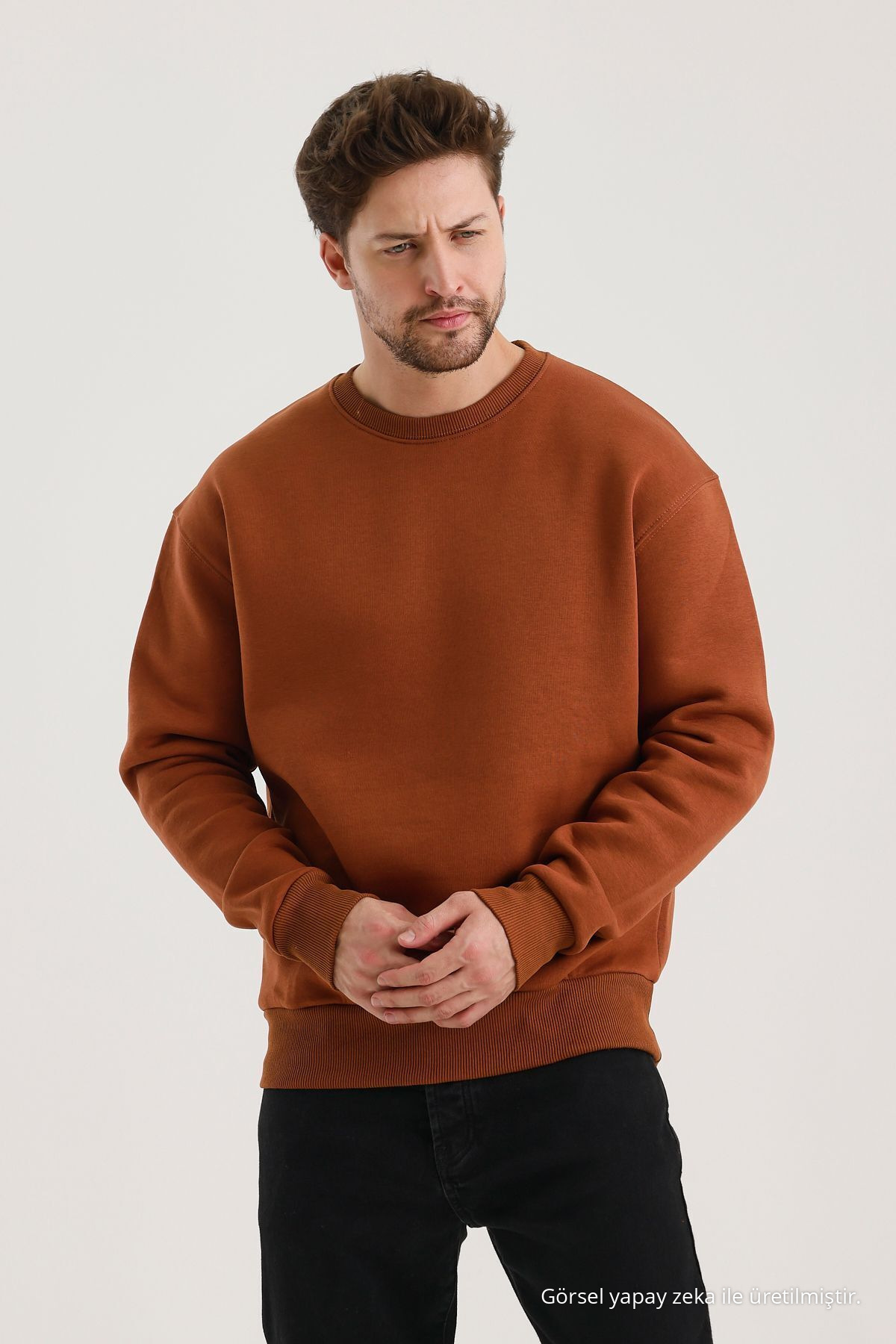 Tarçın Bisiklet Yaka Oversize Şardonlu Basic Erkek Sweatshirt TARÇIN 5