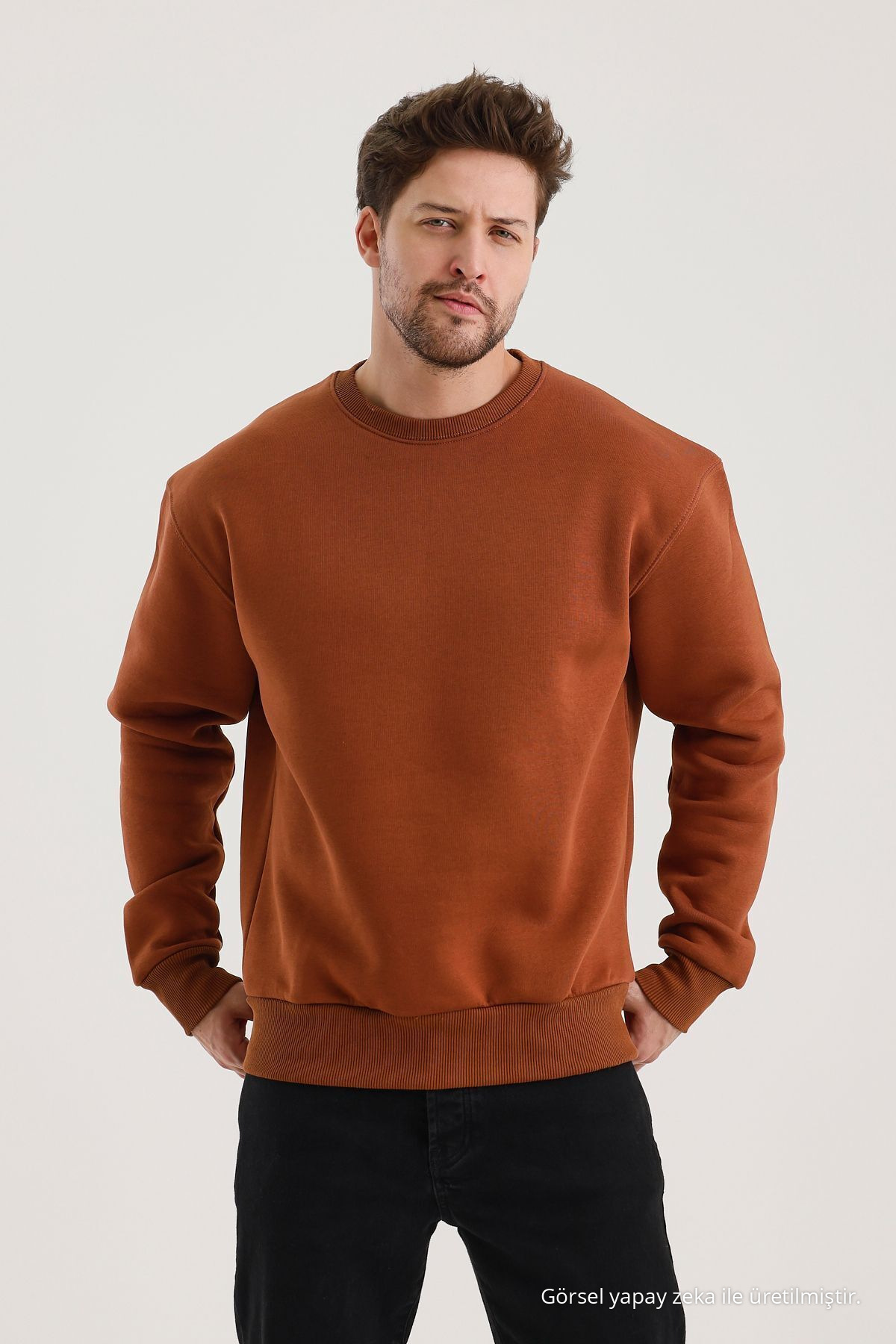 Tarçın Bisiklet Yaka Oversize Şardonlu Basic Erkek Sweatshirt TARÇIN 4