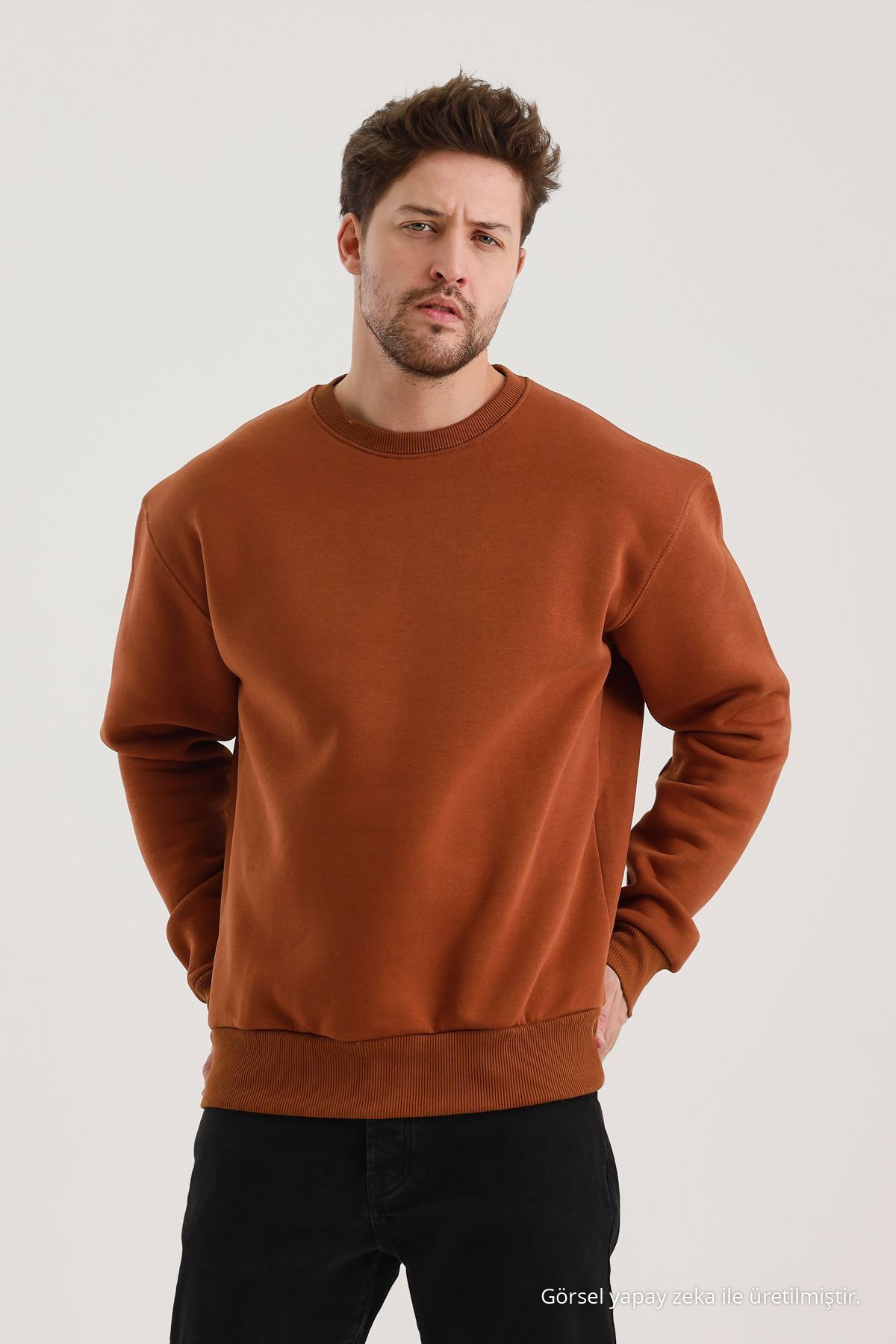 Tarçın Bisiklet Yaka Oversize Şardonlu Basic Erkek Sweatshirt TARÇIN 3