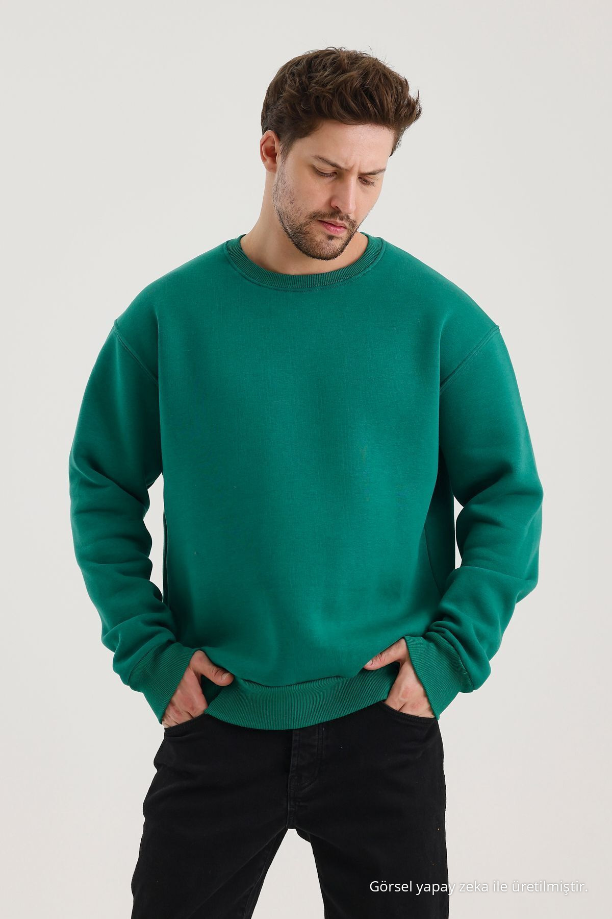 YEŞİL Pamuklu Bisiklet Yaka Oversize Şardonlu Basic Erkek Sweatshirt 3