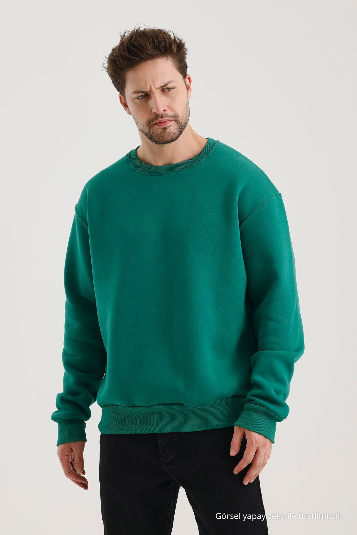 YEŞİL Pamuklu Bisiklet Yaka Oversize Şardonlu Basic Erkek Sweatshirt 5