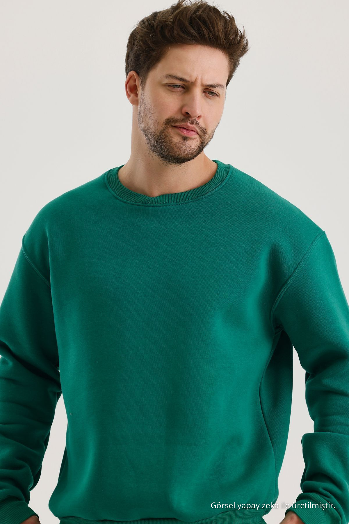 YEŞİL Pamuklu Bisiklet Yaka Oversize Şardonlu Basic Erkek Sweatshirt 7