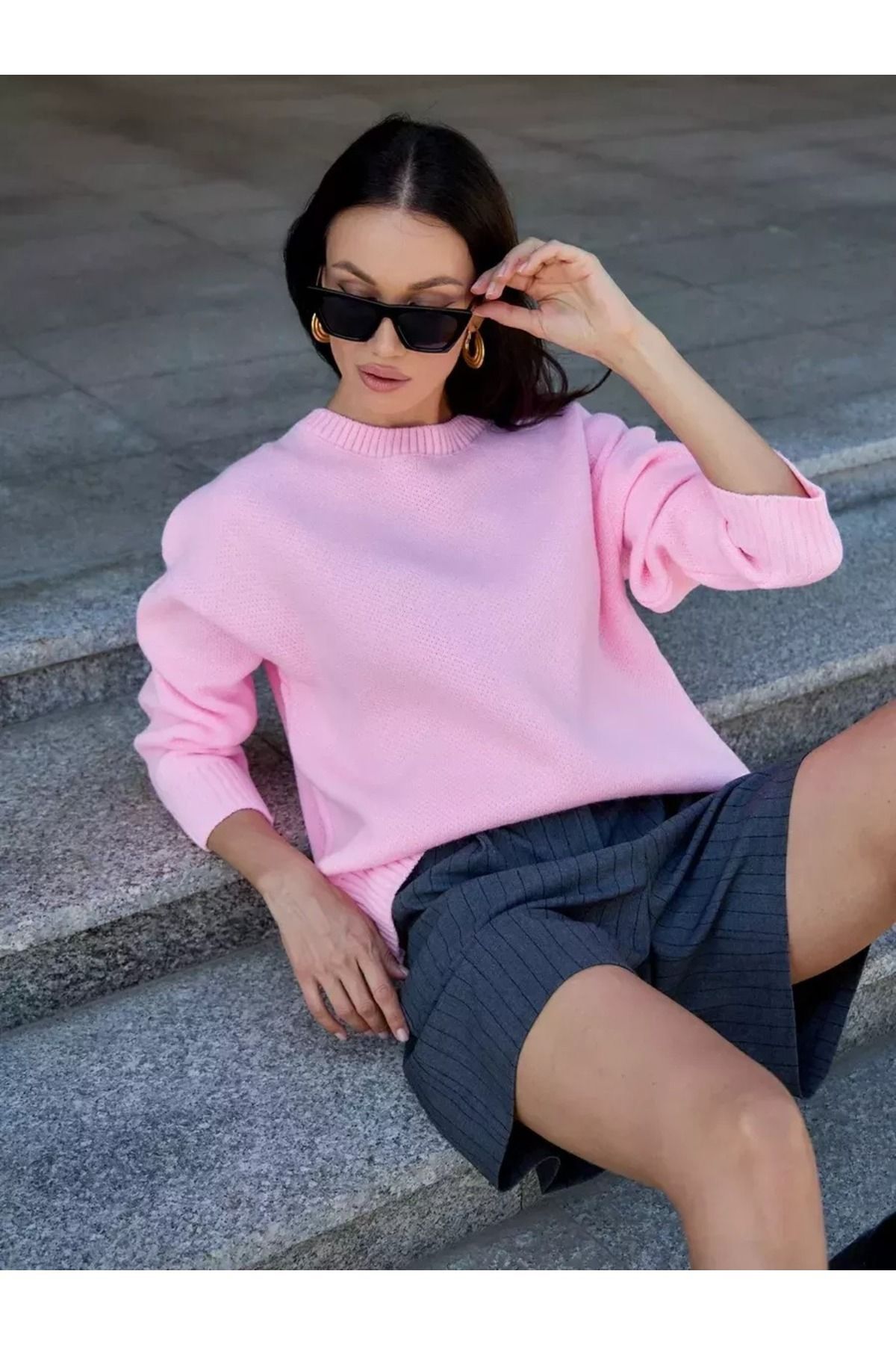 Pembe Bisiklet Yaka Oversize Triko Kazak 6